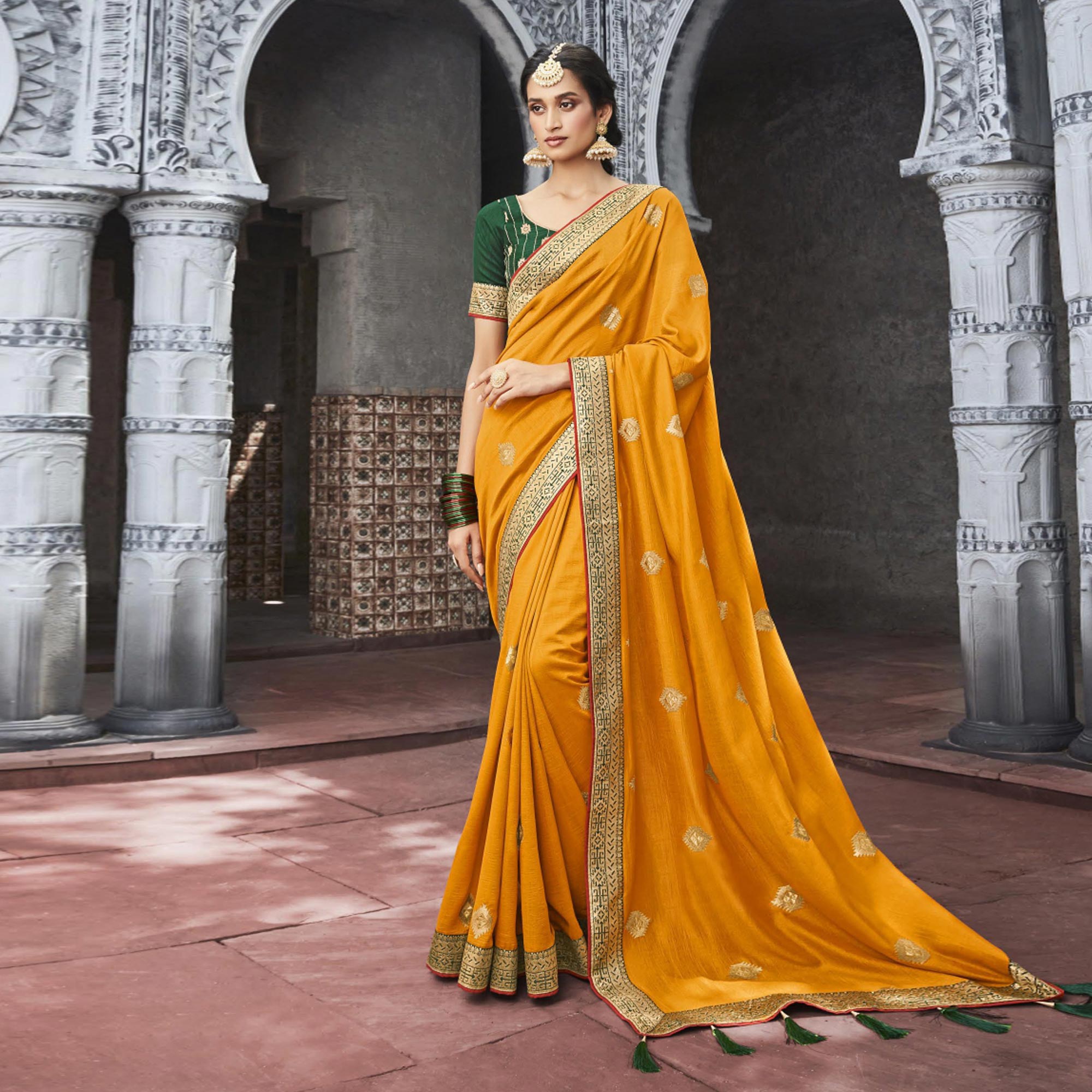 Mustard Woven Vichitra Silk Saree With Tassels