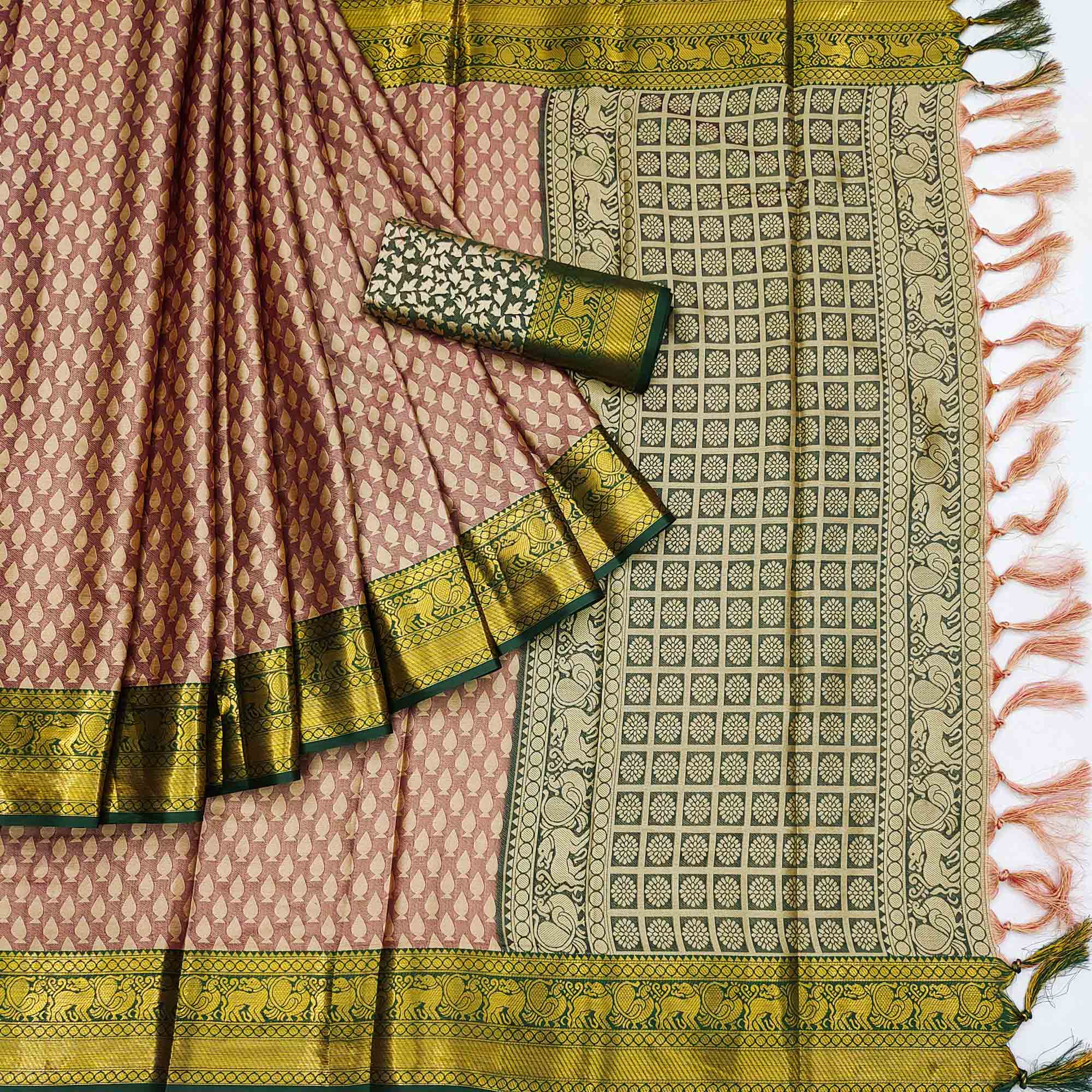 Brown Woven Cotton Silk Saree With Tassels