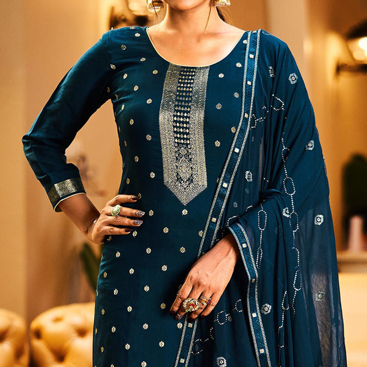 Blue Woven Muslin Palazzo Suit