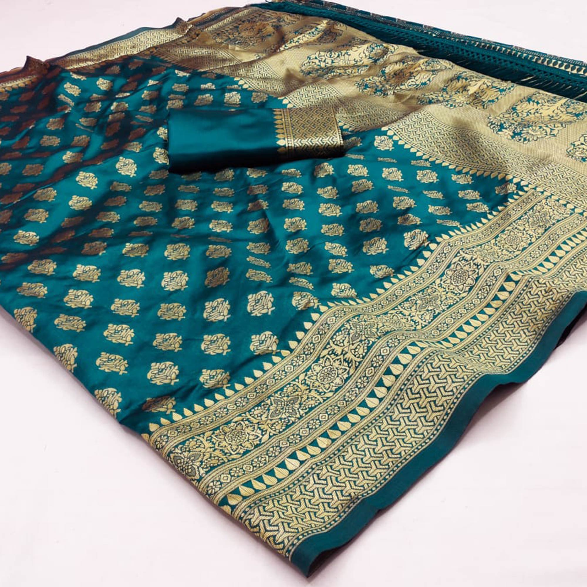 Rama Blue Woven Jacquard Saree With Tassels