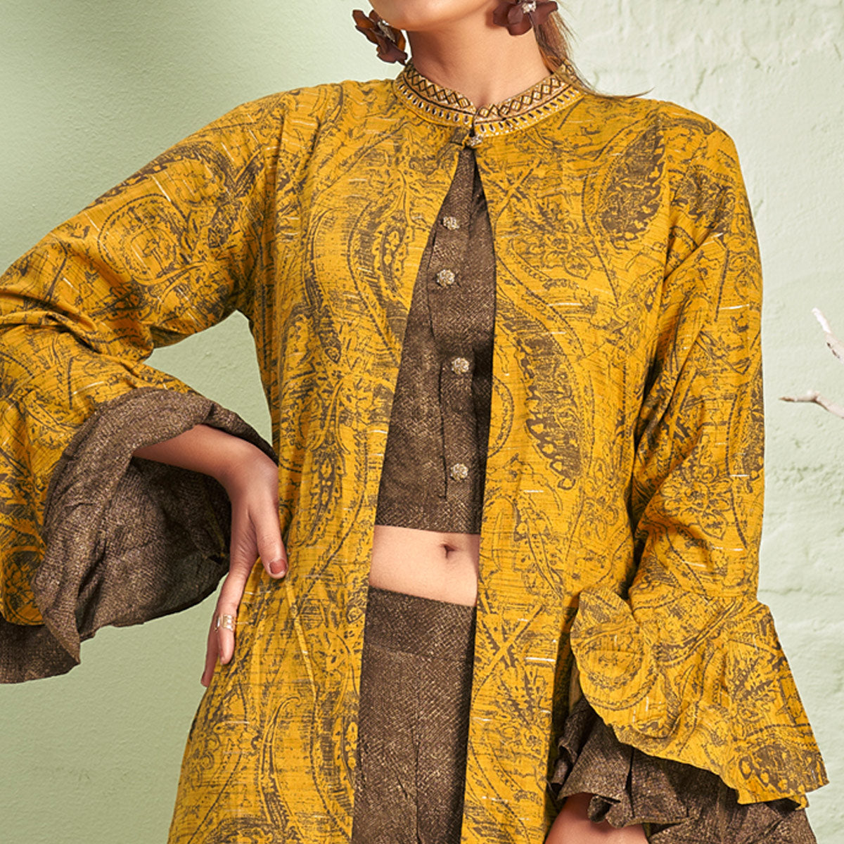 Mustard & Brown Printed Rayon Palazzo Suit With Jacket