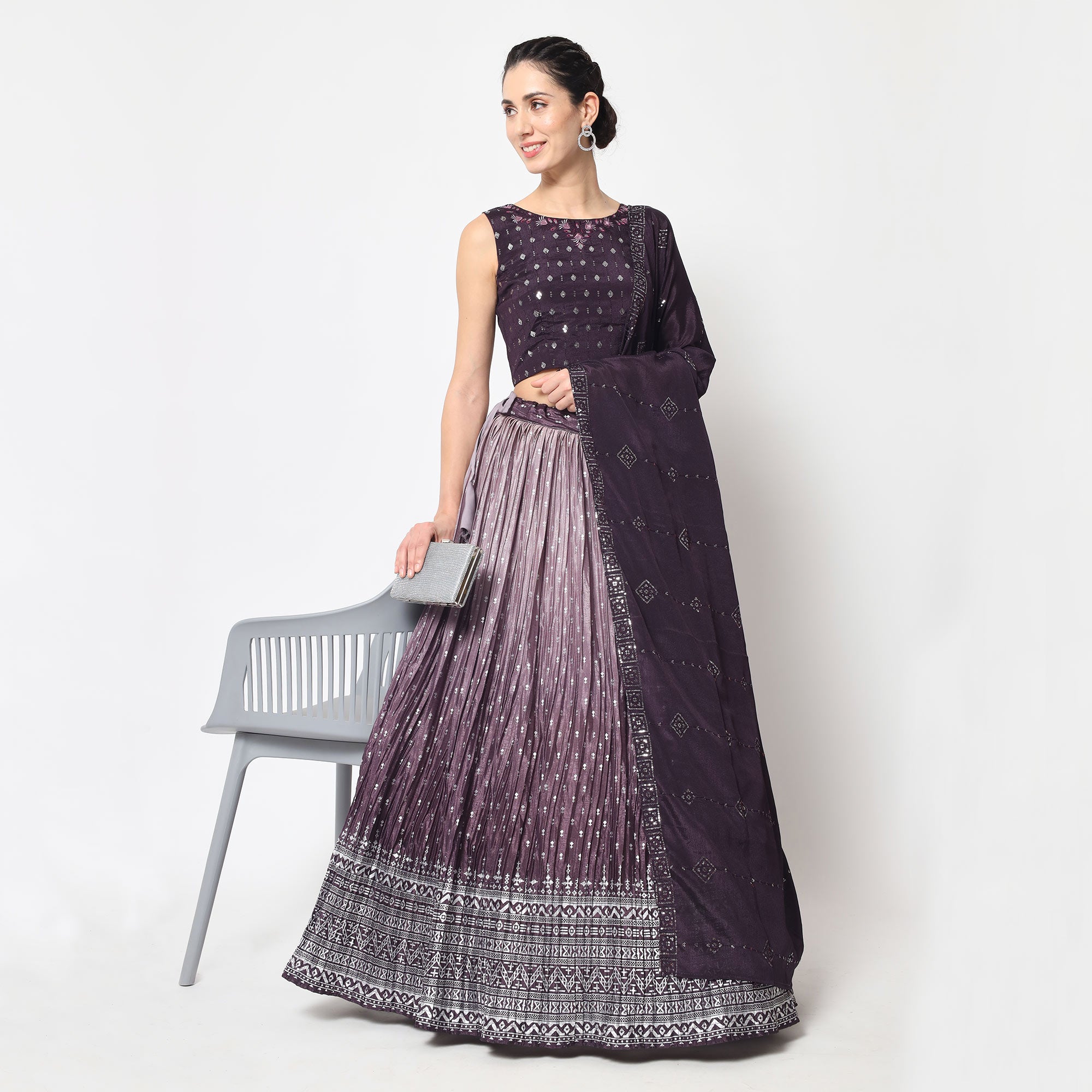 Violet Foil Printed Chiffon Lehenga Choli