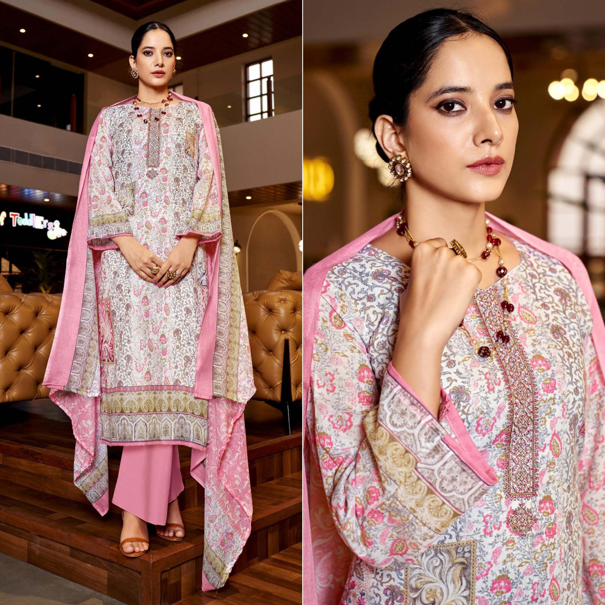 White & Pink Floral Print With Embroidered Pure Cotton Salwar Suit