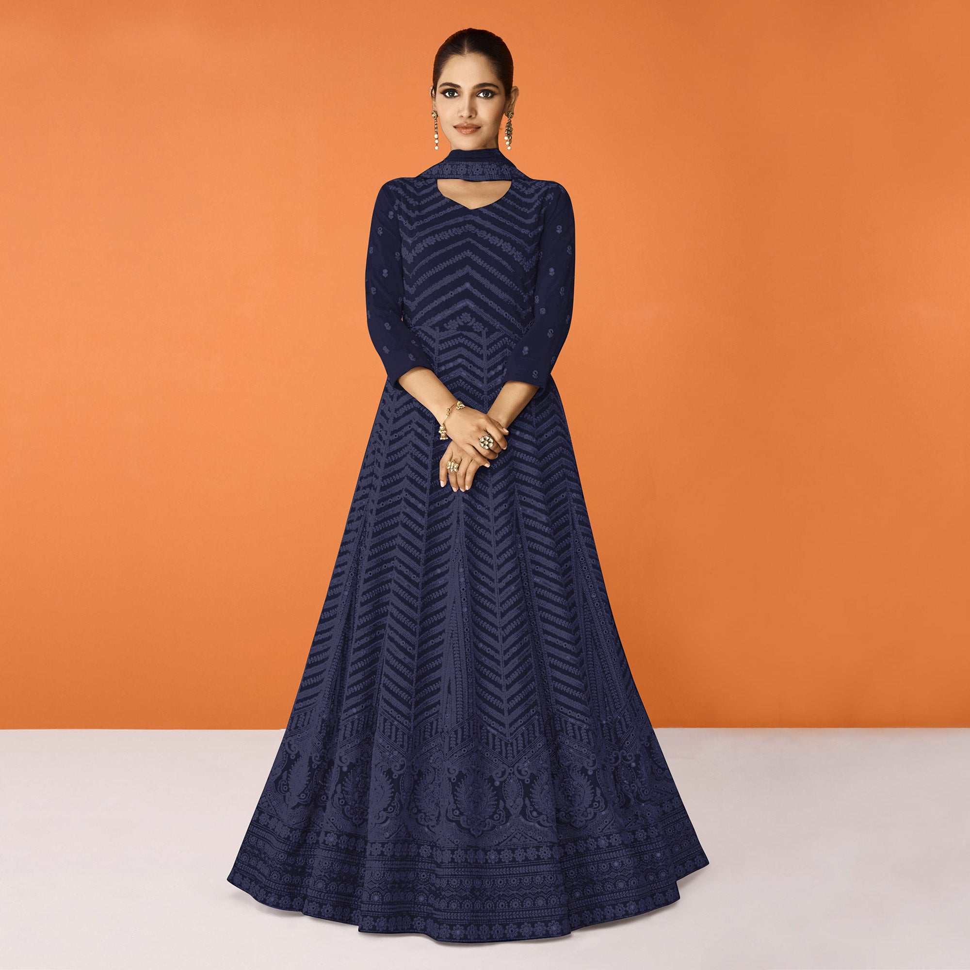 Navy Blue Sequins Embroidered Georgette Semi Stitched Anarkali Suit
