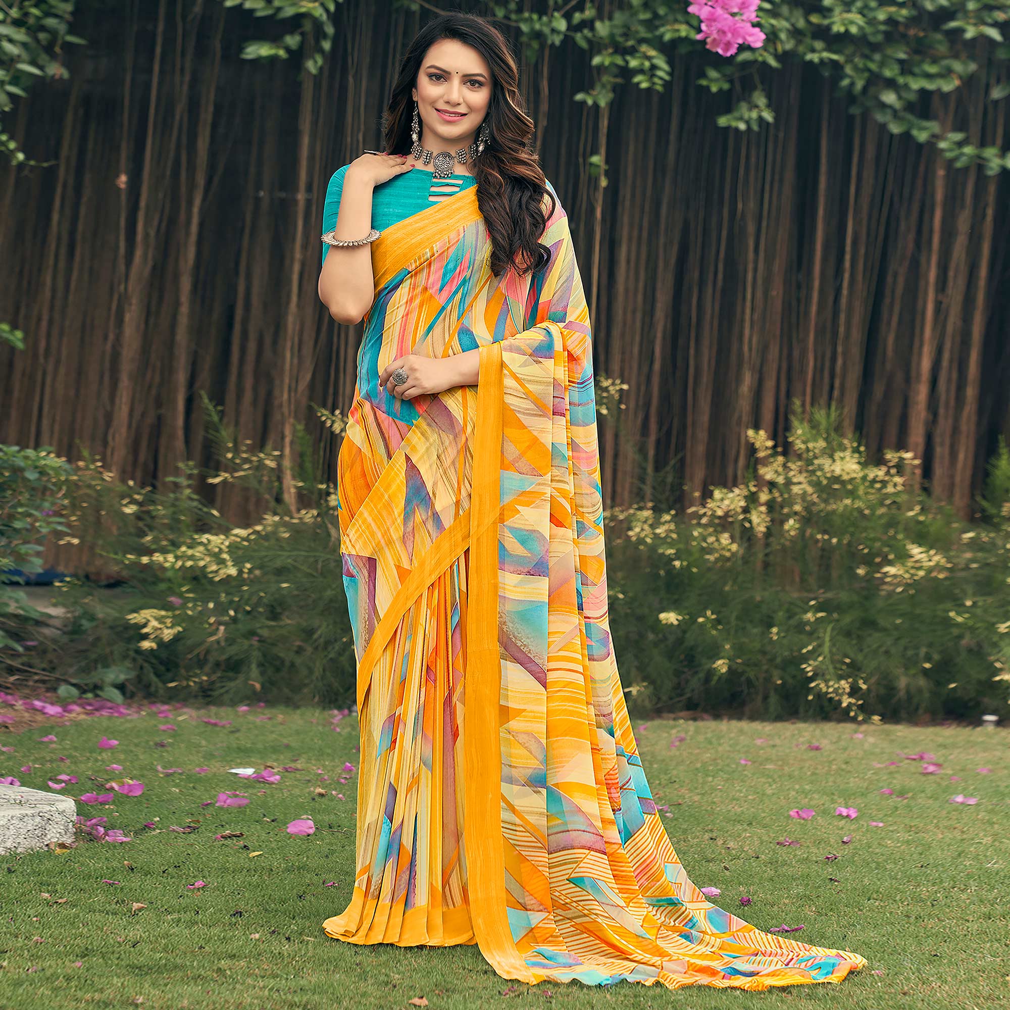 Yellow Geometric Printed Georgette Saree