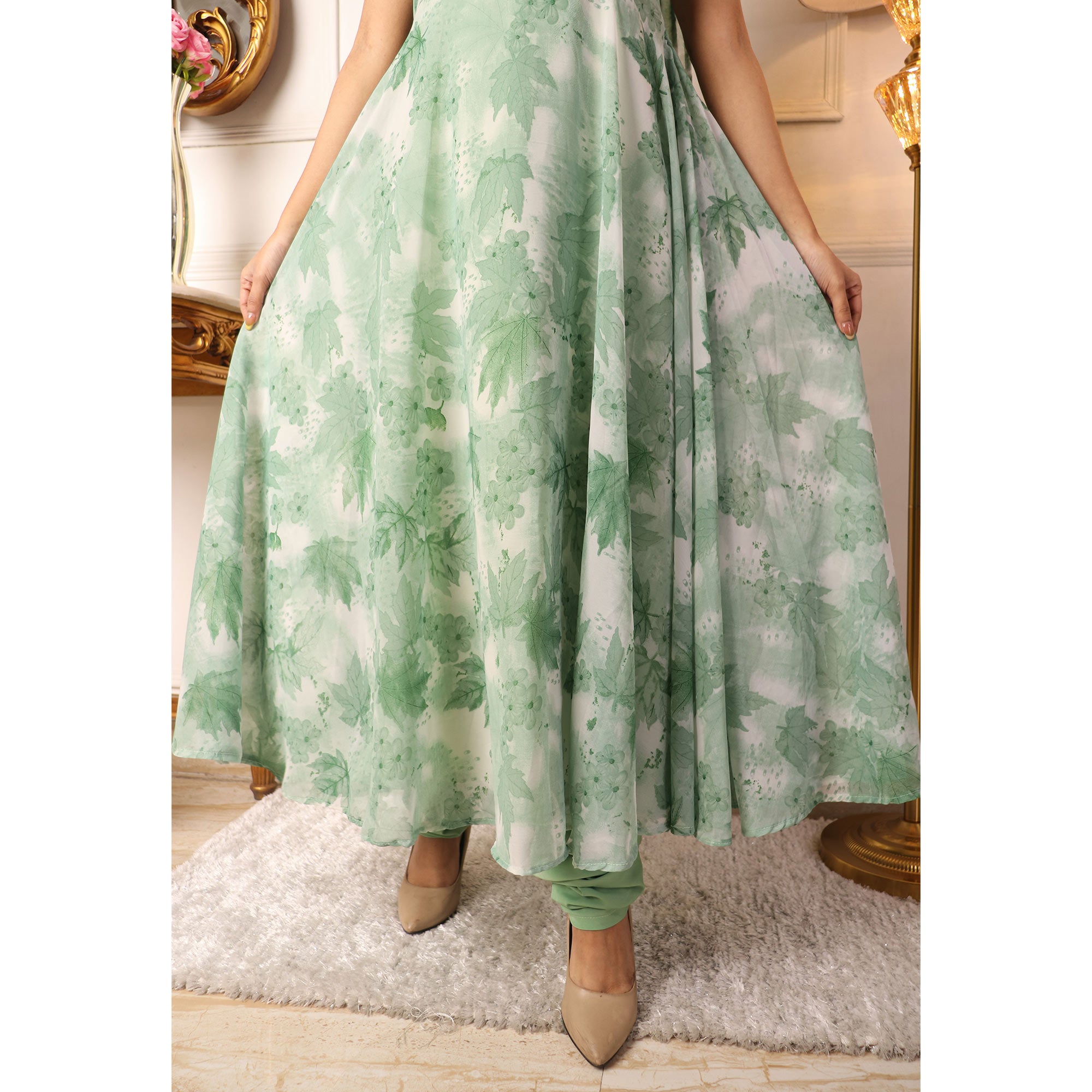 Green Floral Printed Georgette Anarkali Suit