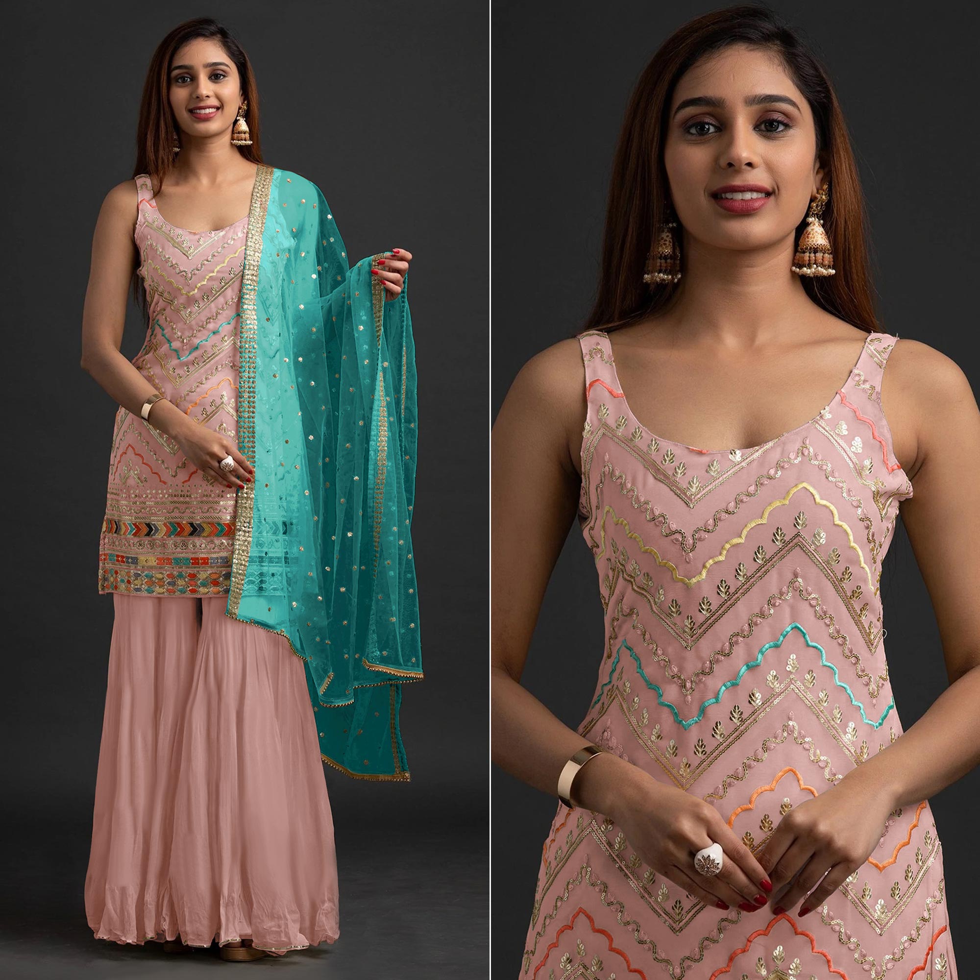 Peach Embroidered Georgette Sharara Suit