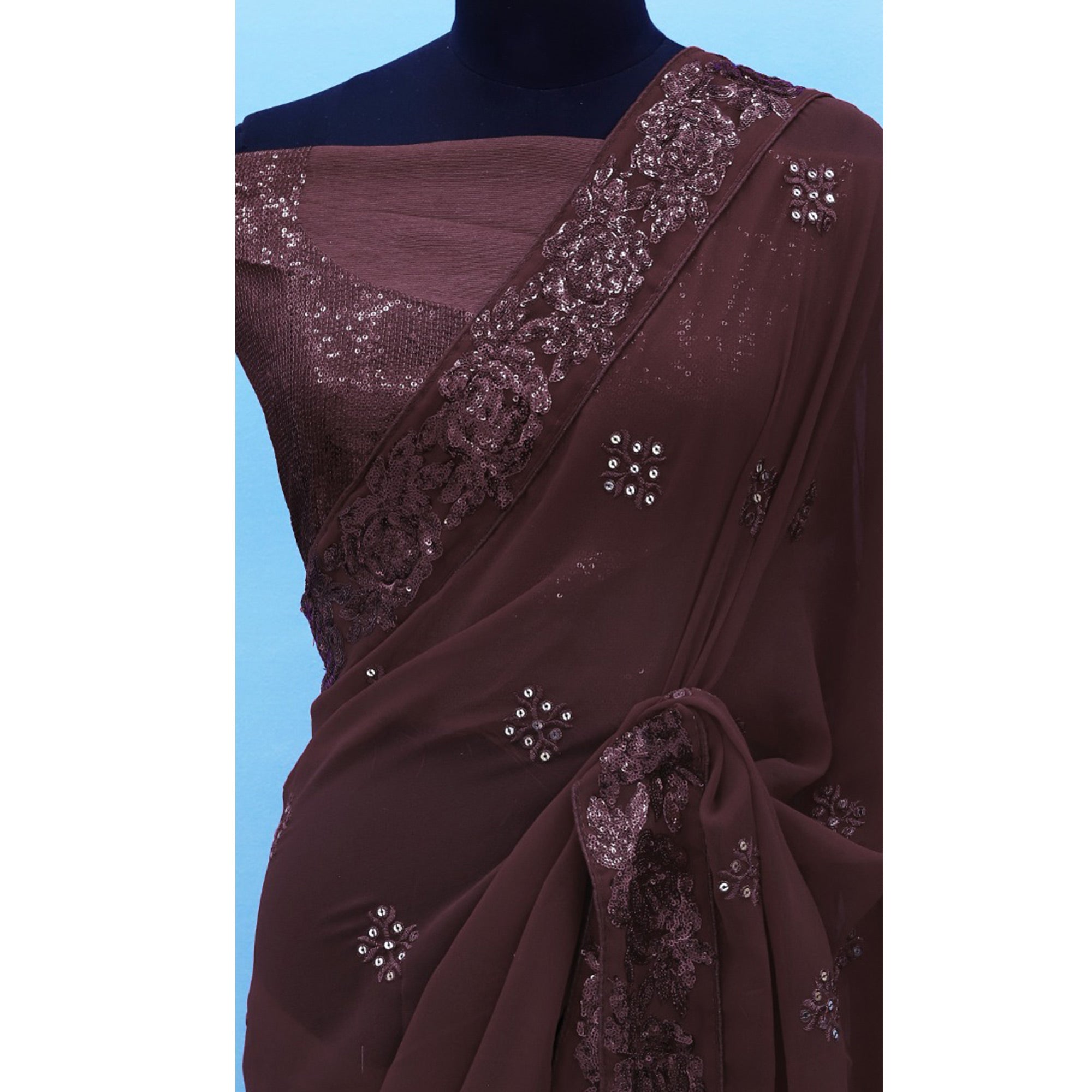 Brown Sequins Emroidered Georgette Saree