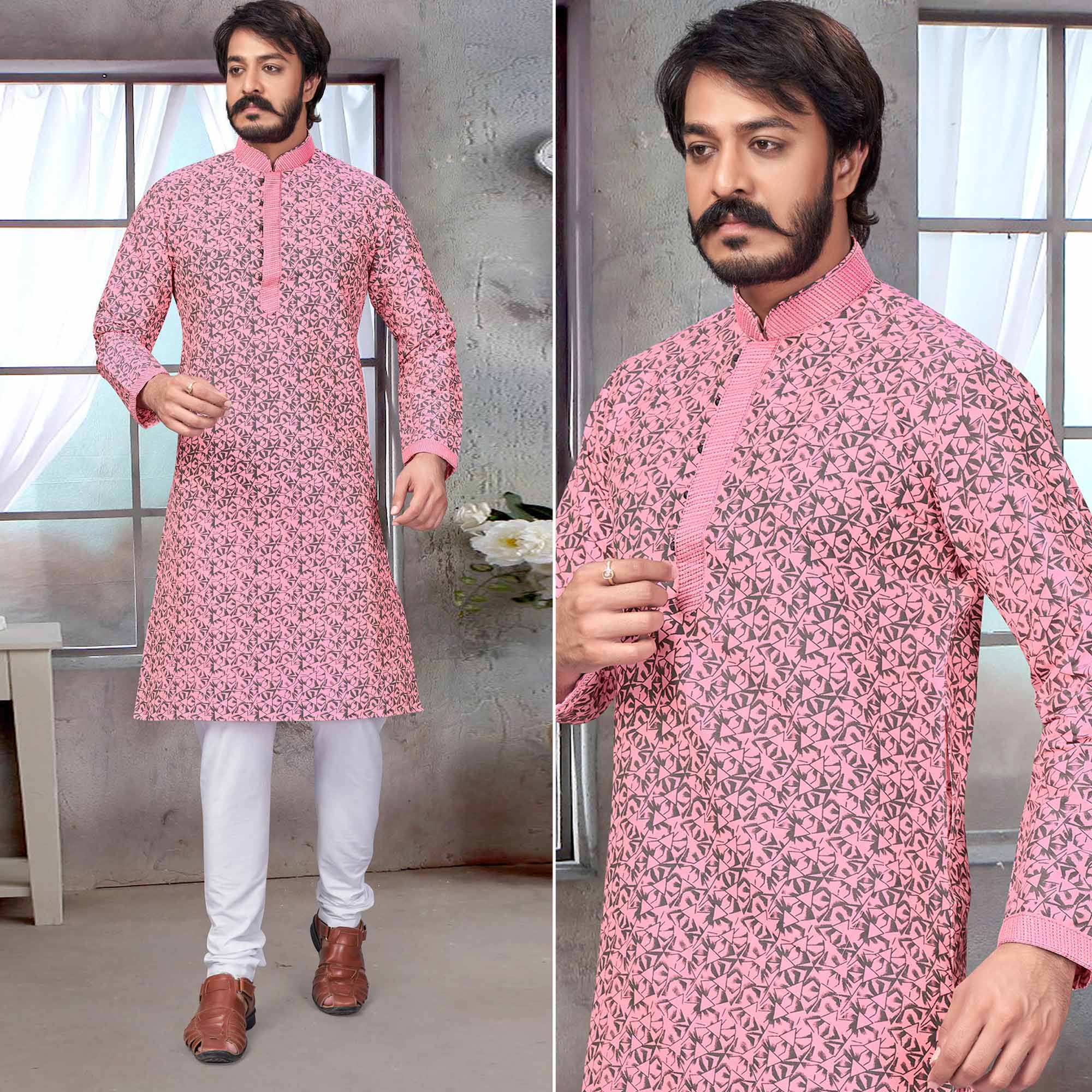 Pink Printed Jacquard Kurta Pyjama Set