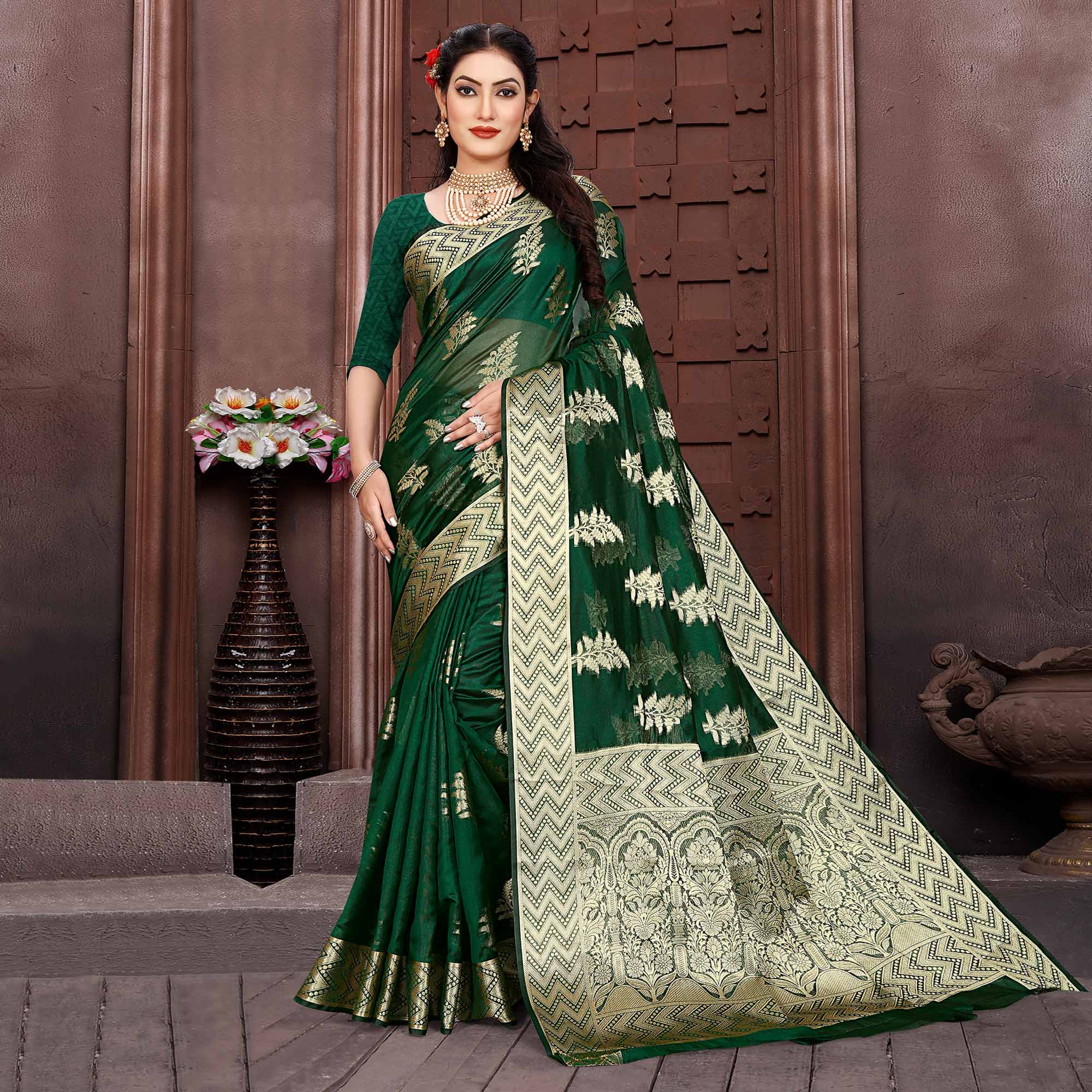 Bottle Green Floral Woven Organza Saree