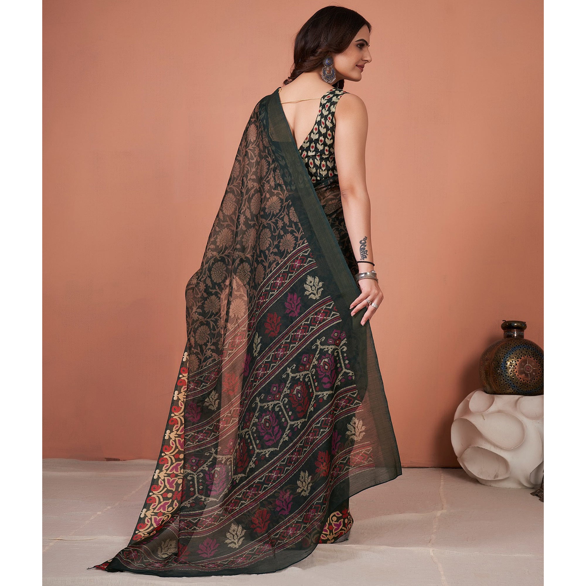 Green Floral Printed Cotton Saree With Tassels