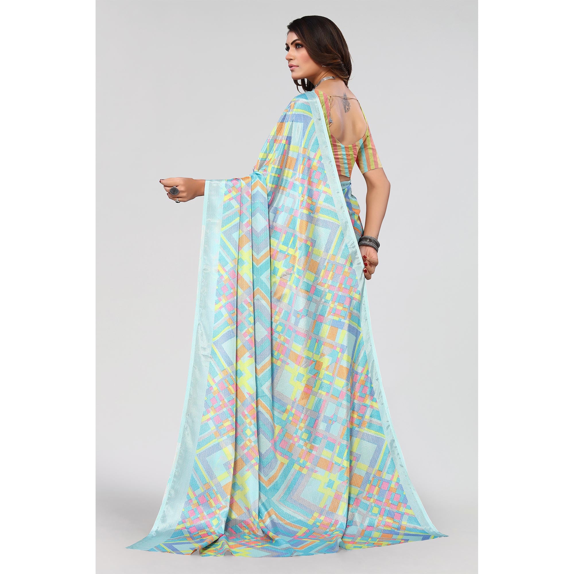 Sky Blue Geometric Printed Chiffon Saree