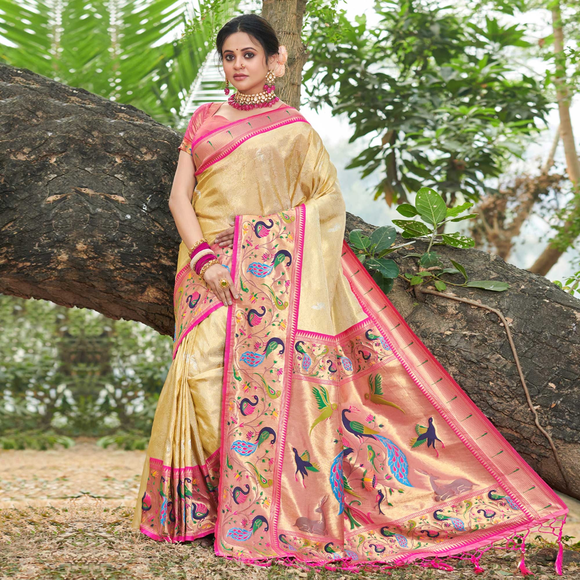 Cream Woven Art Silk Paithani Saree With Tassels