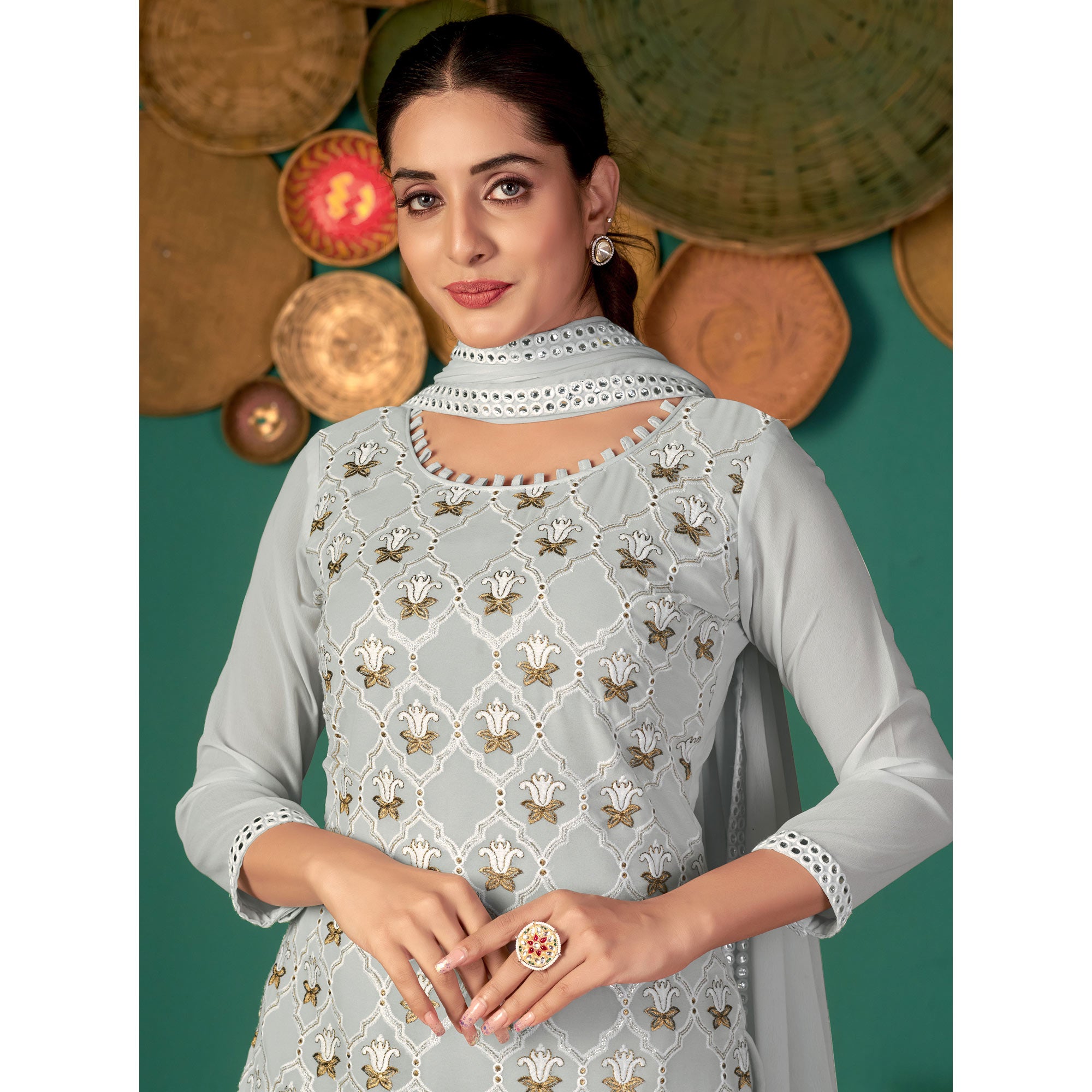 Grey Floral Embroidered Georgette Suit