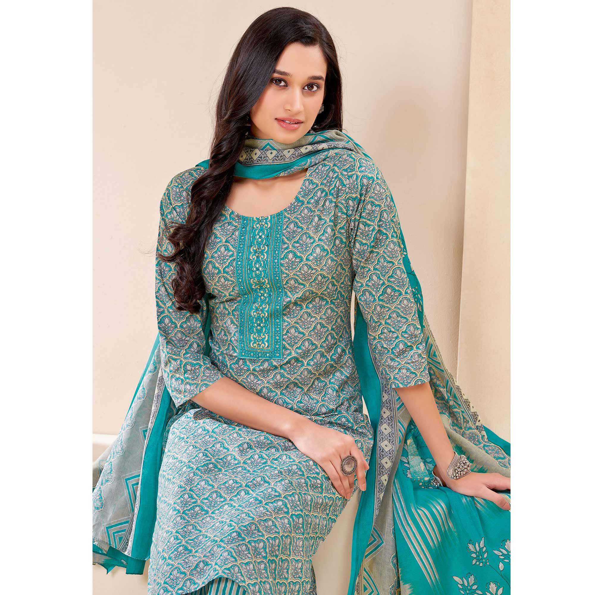 Rama Blue Printed With Tie Embroidered Pure Cotton Suit