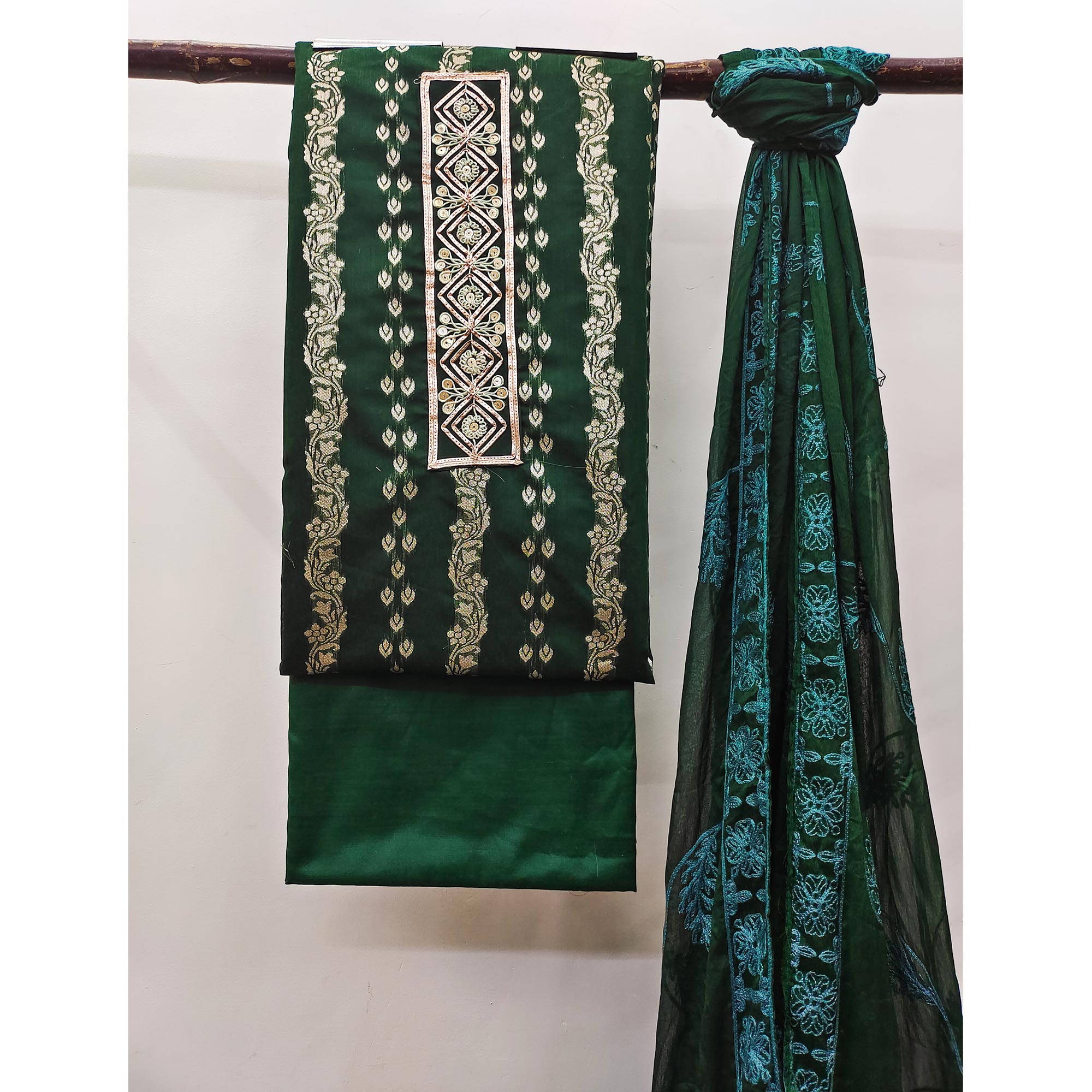 Green Woven Banarasi Silk Dress Material
