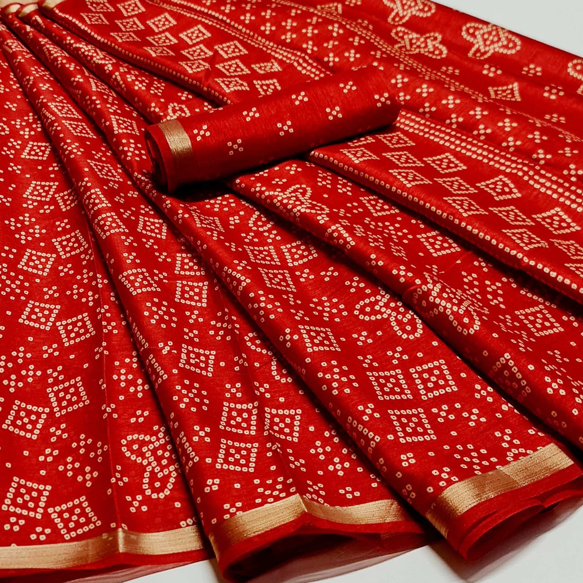 Red Bandhani Printed Art Silk Saree