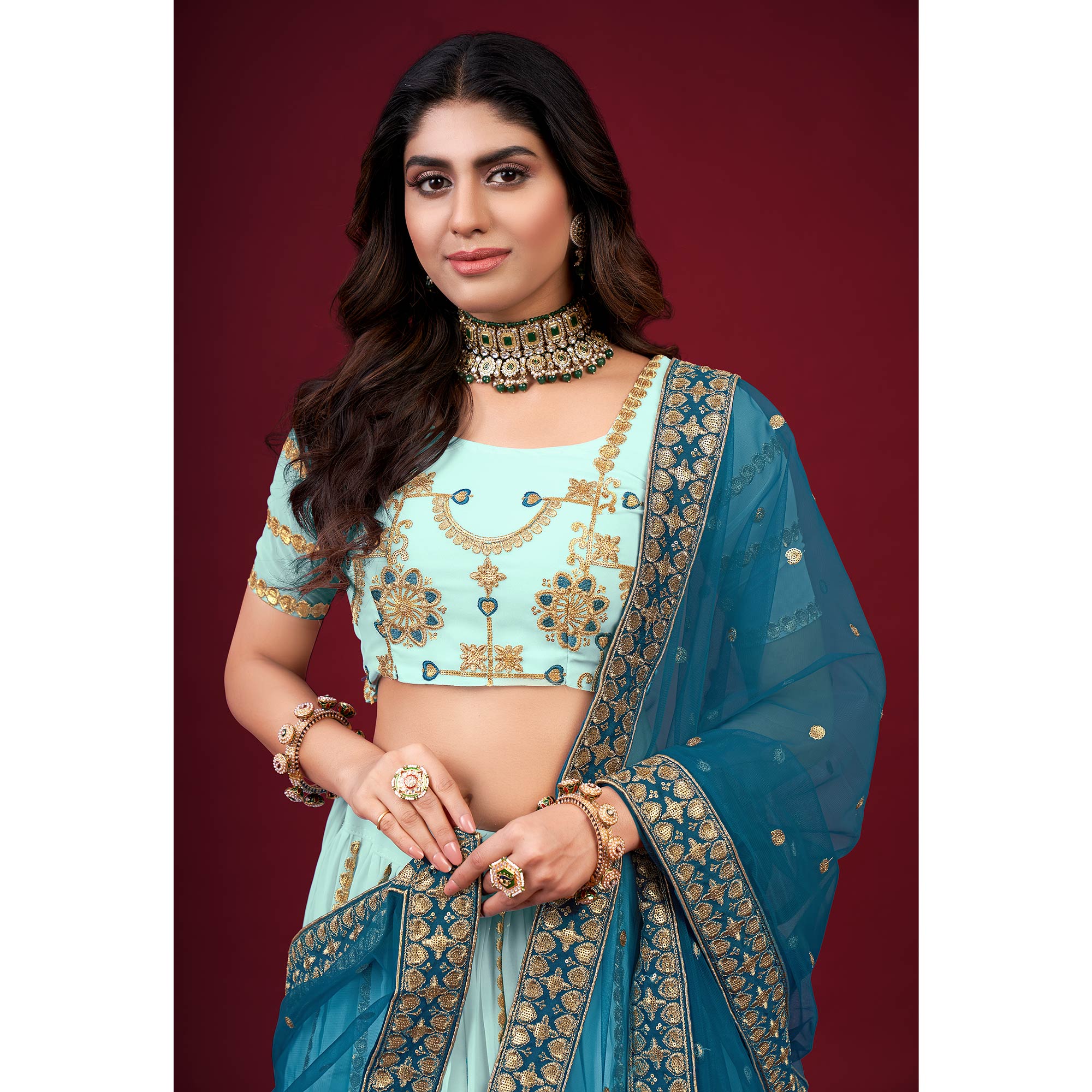 Sky Blue Embroidered Georgette Lehenga Choli