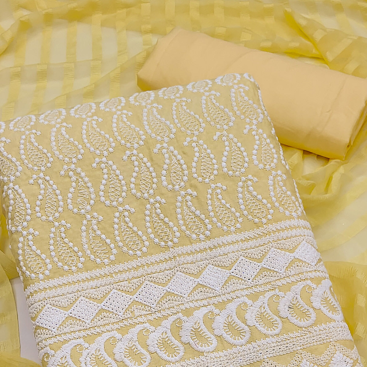 Yellow Embroidered Cotton Blend Dress Material