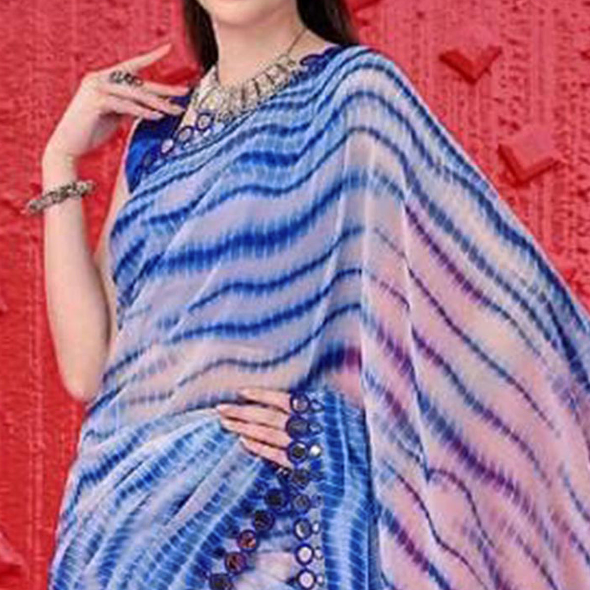 Blue Printed With Fancy Mirror Georgette Saree