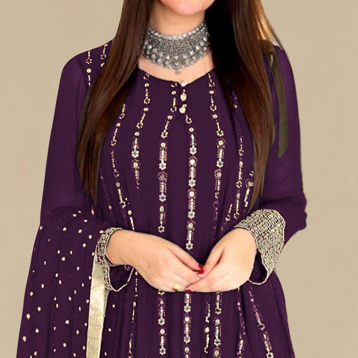 Purple Sequins Embroidered Georgette Pakistani Suit