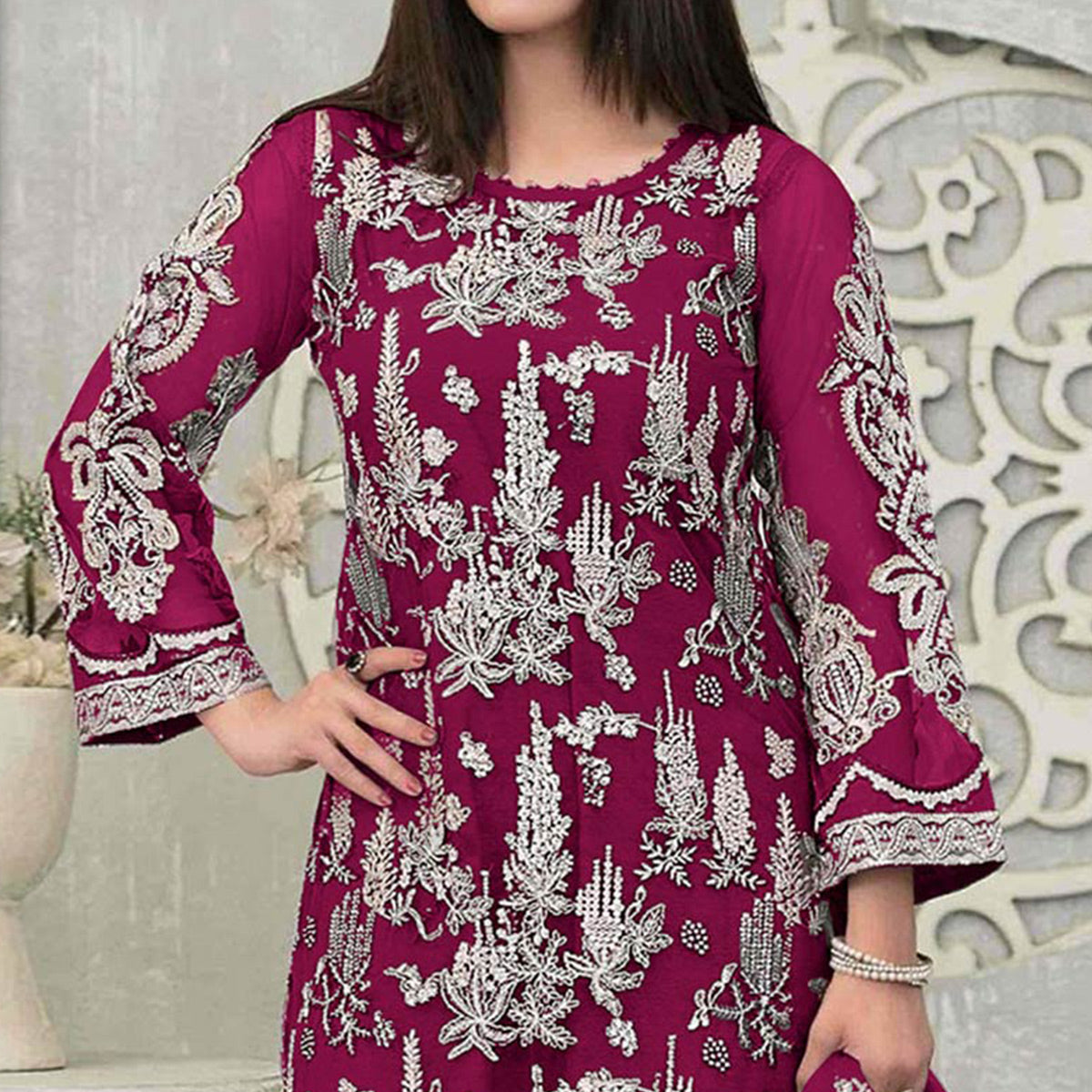 Pink Floral Embroidered Georgette Pakistani Suit