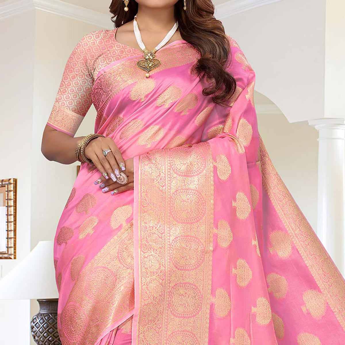 Pink Woven Organza Saree