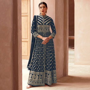 Navy Blue Floral Embroidered Georgette Palazzo Suit
