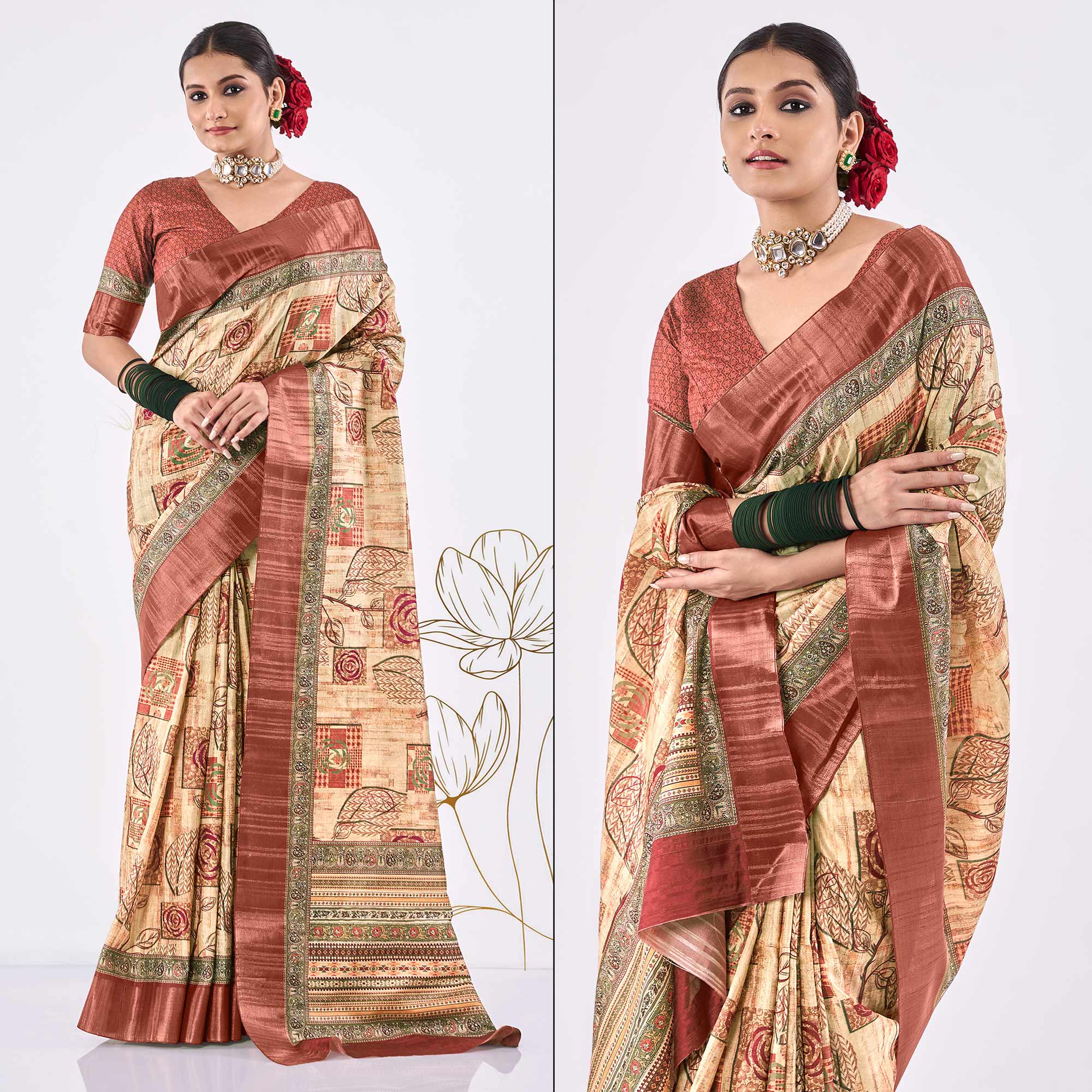 Beige Printed Art Silk Saree