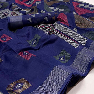 Blue Geometric Printed Cotton Blend Saree