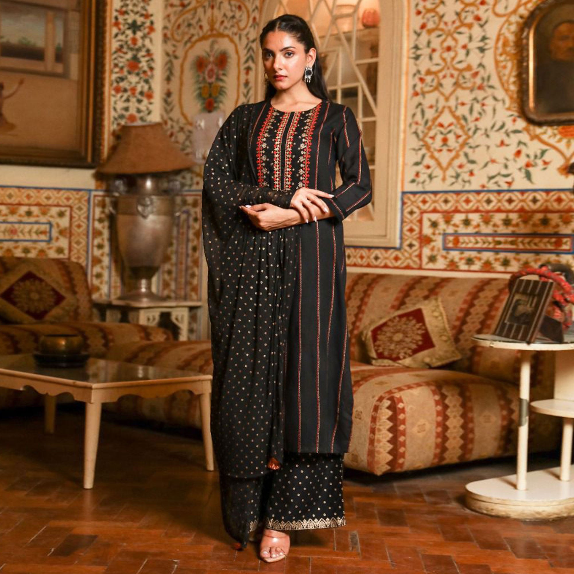 Black Printed With Embroidered Rayon Palazzo Suit