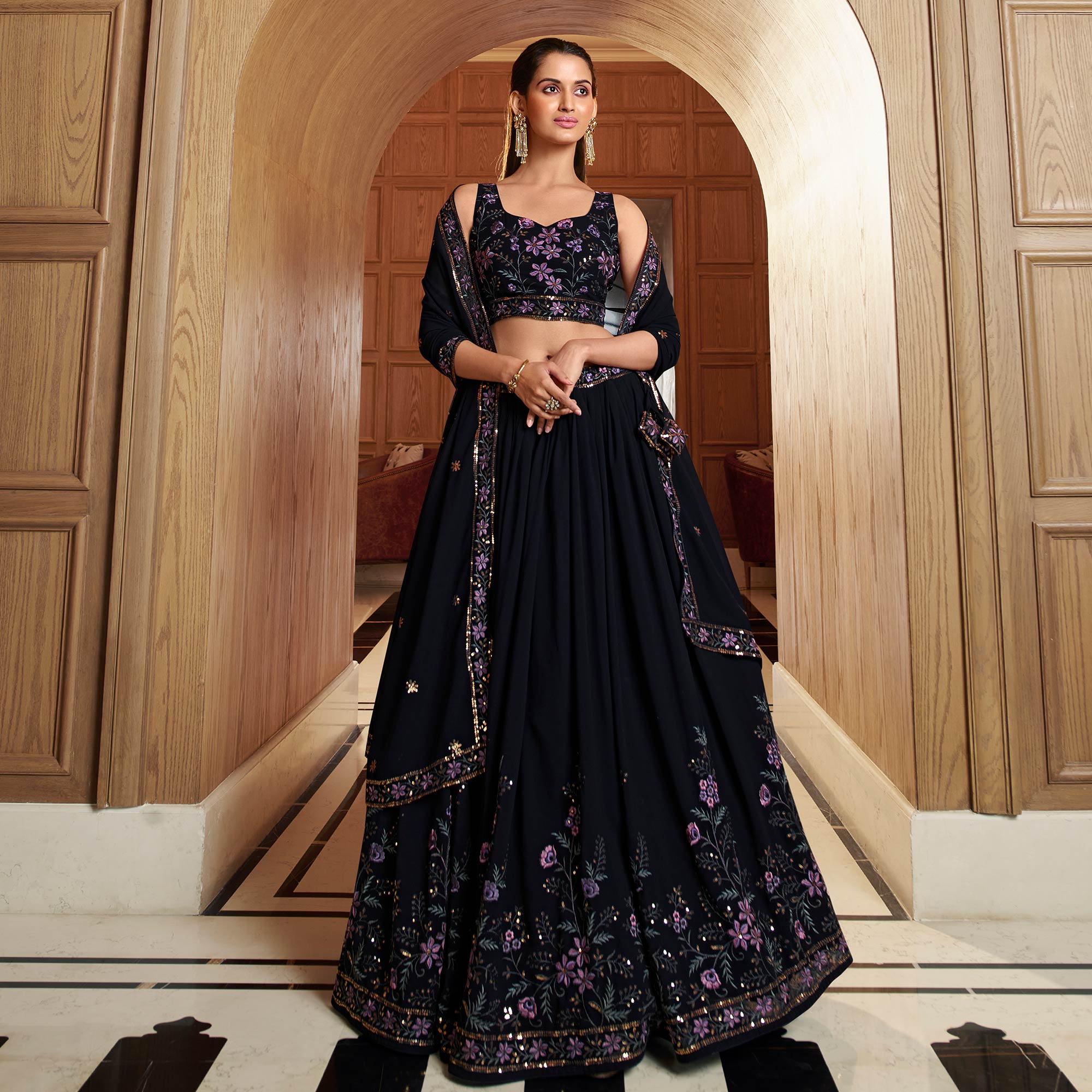 Navy Blue Sequins Embroidered Georgette Lehenga Choli