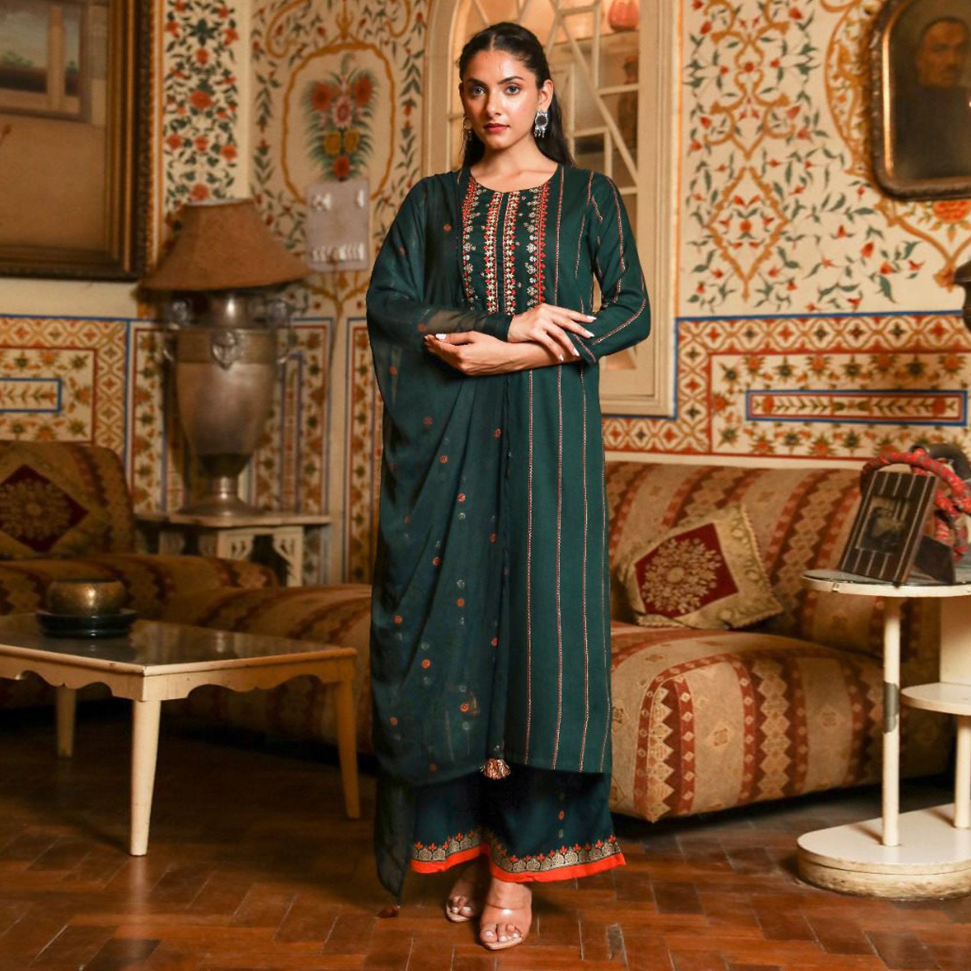 Green Printed With Embroidered Rayon Palazzo Suit