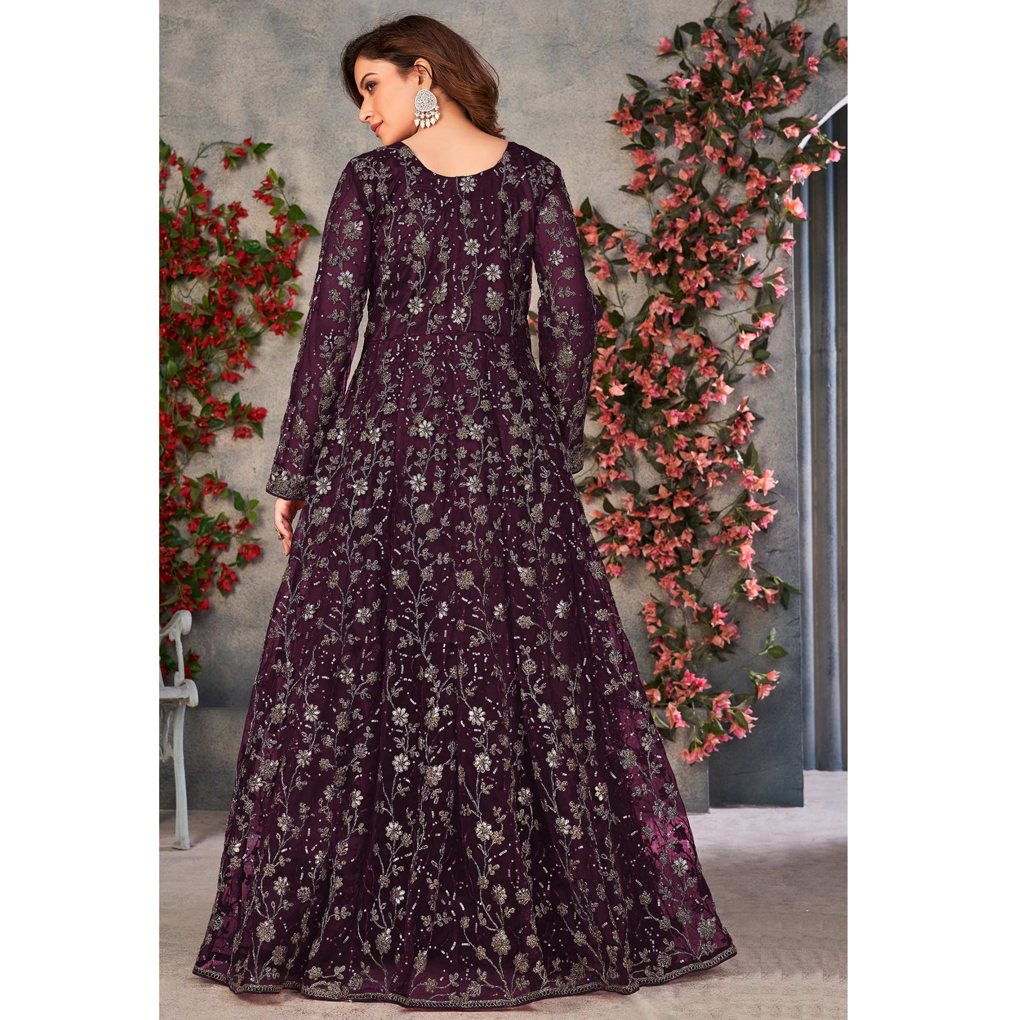 Purple Zardosi Work Netted Gown