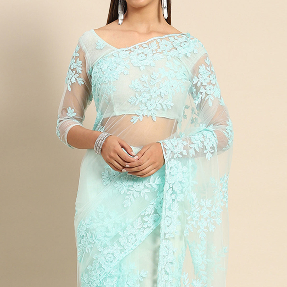 Turquoise Floral Embroidered Net Saree