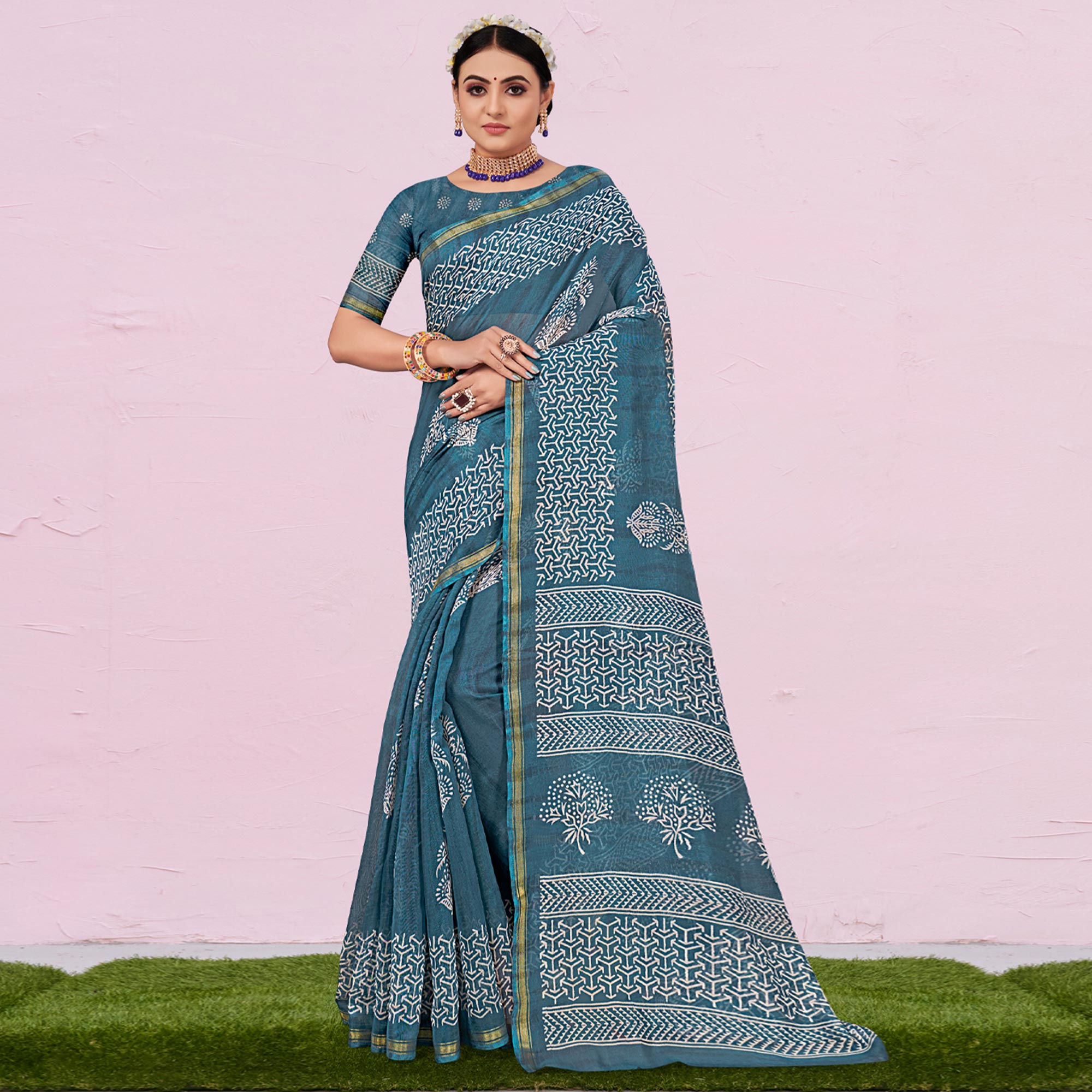 Sky Blue Printed Cotton Saree