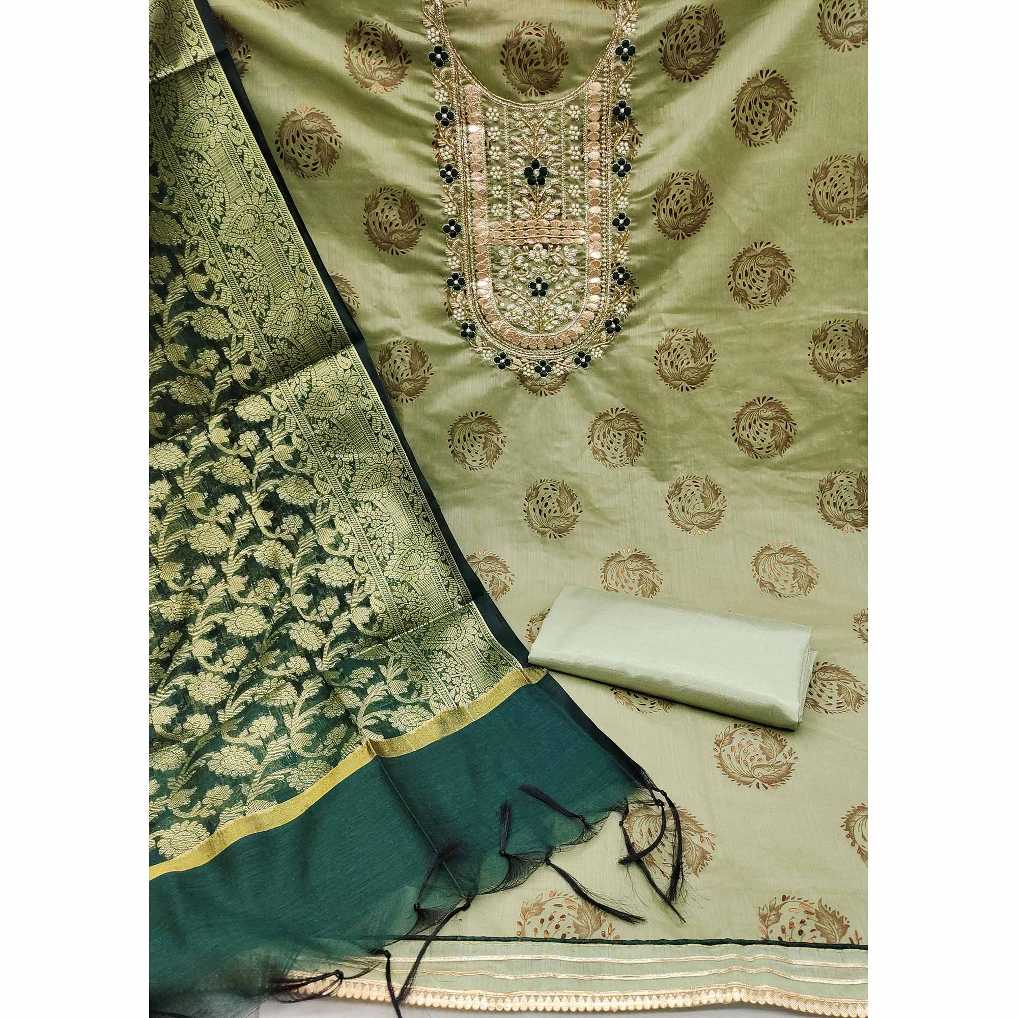 Green Floral Printed With Handwork Modal Dress Material