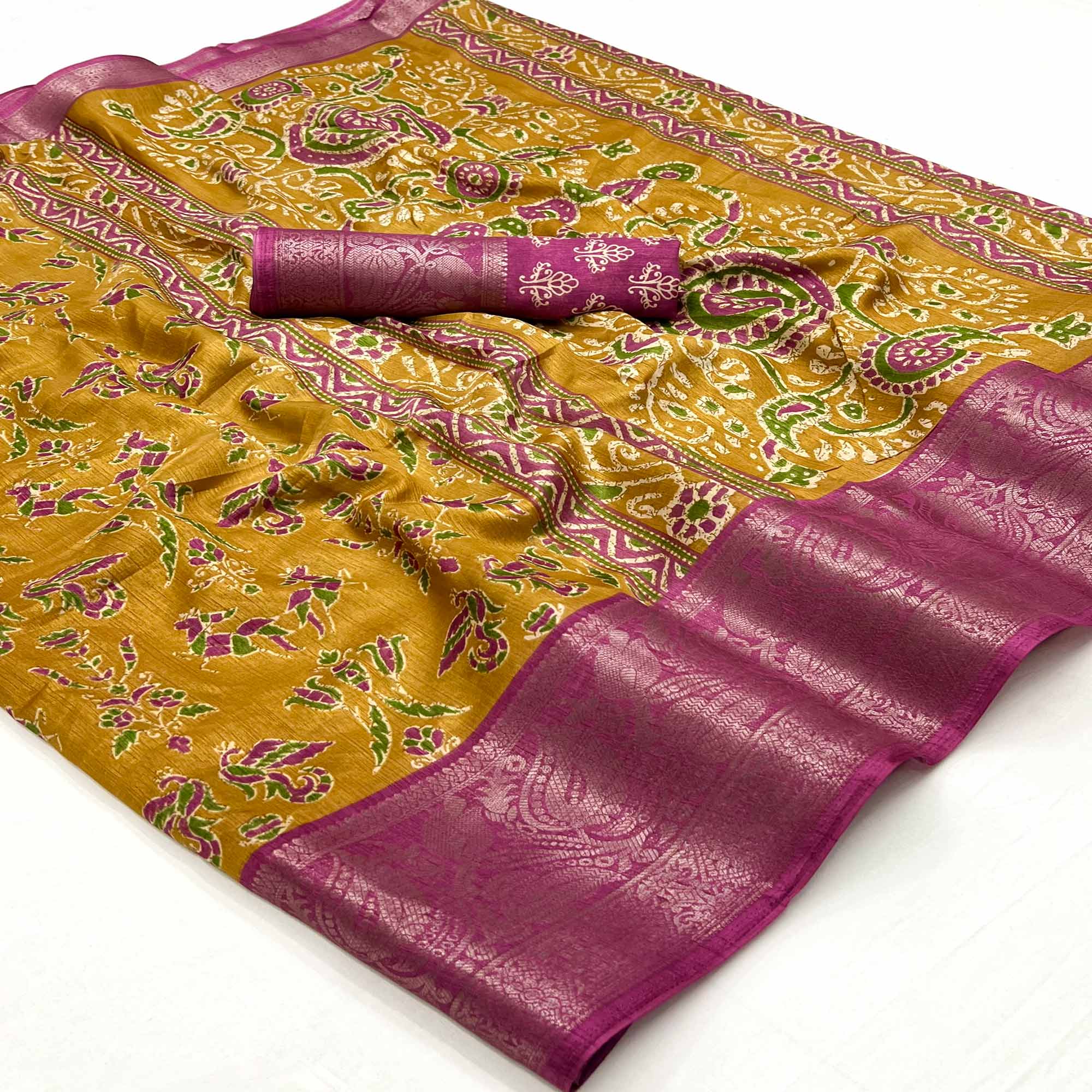 Mustard Blue Printed With Woven Border Dola Silk Saree