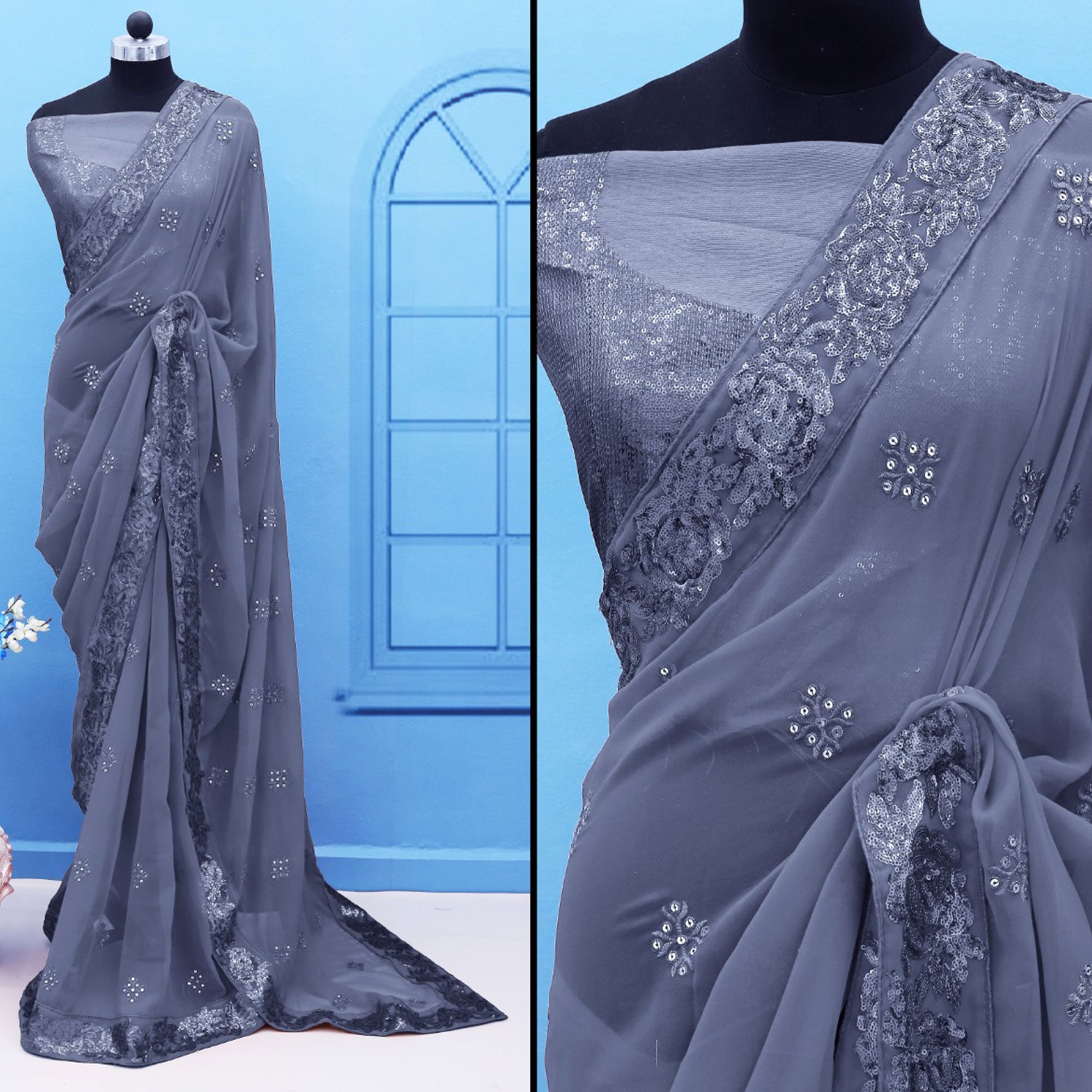 Grey Sequins Emroidered Georgette Saree