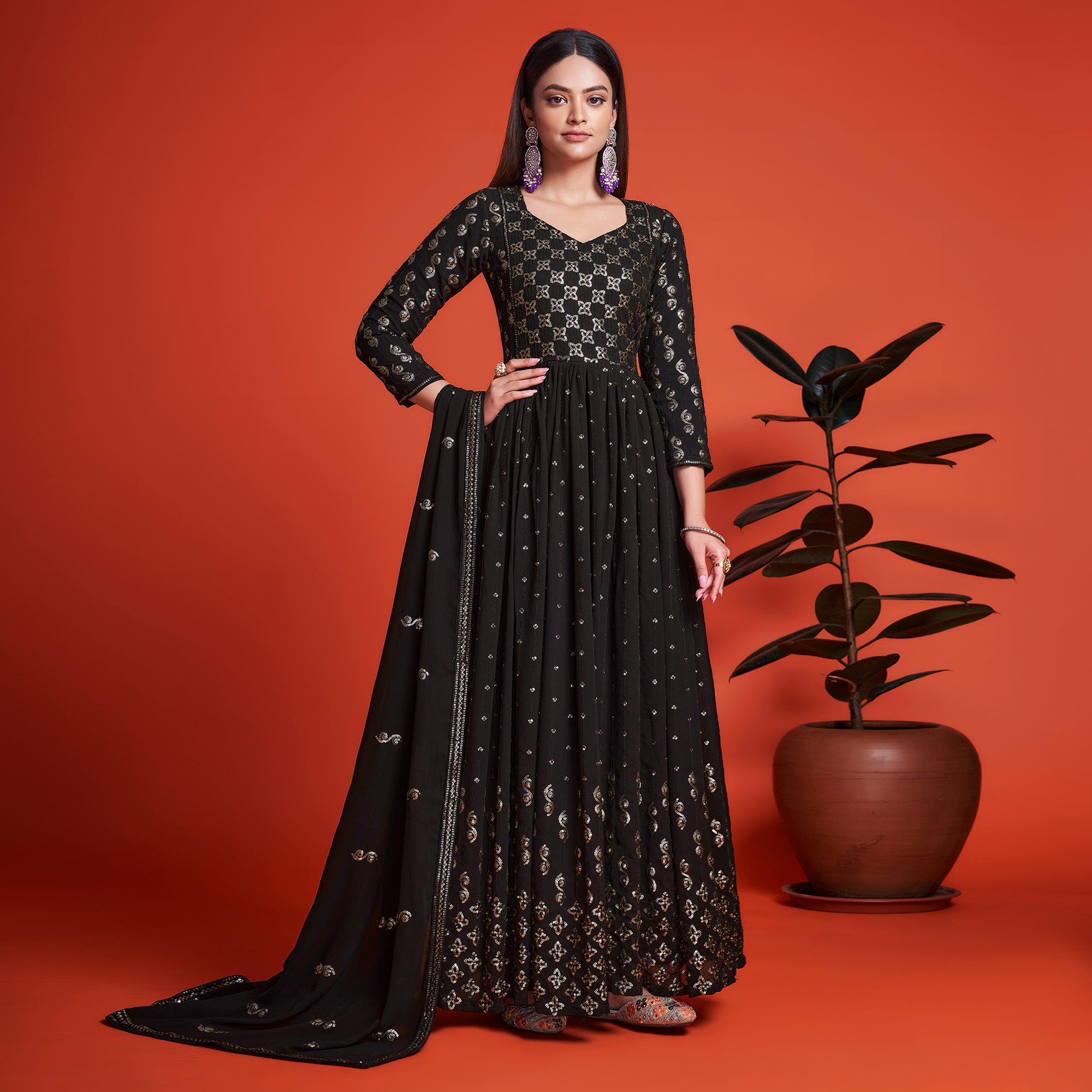 Black Sequins Embroidered Georgette Gown With Dupatta