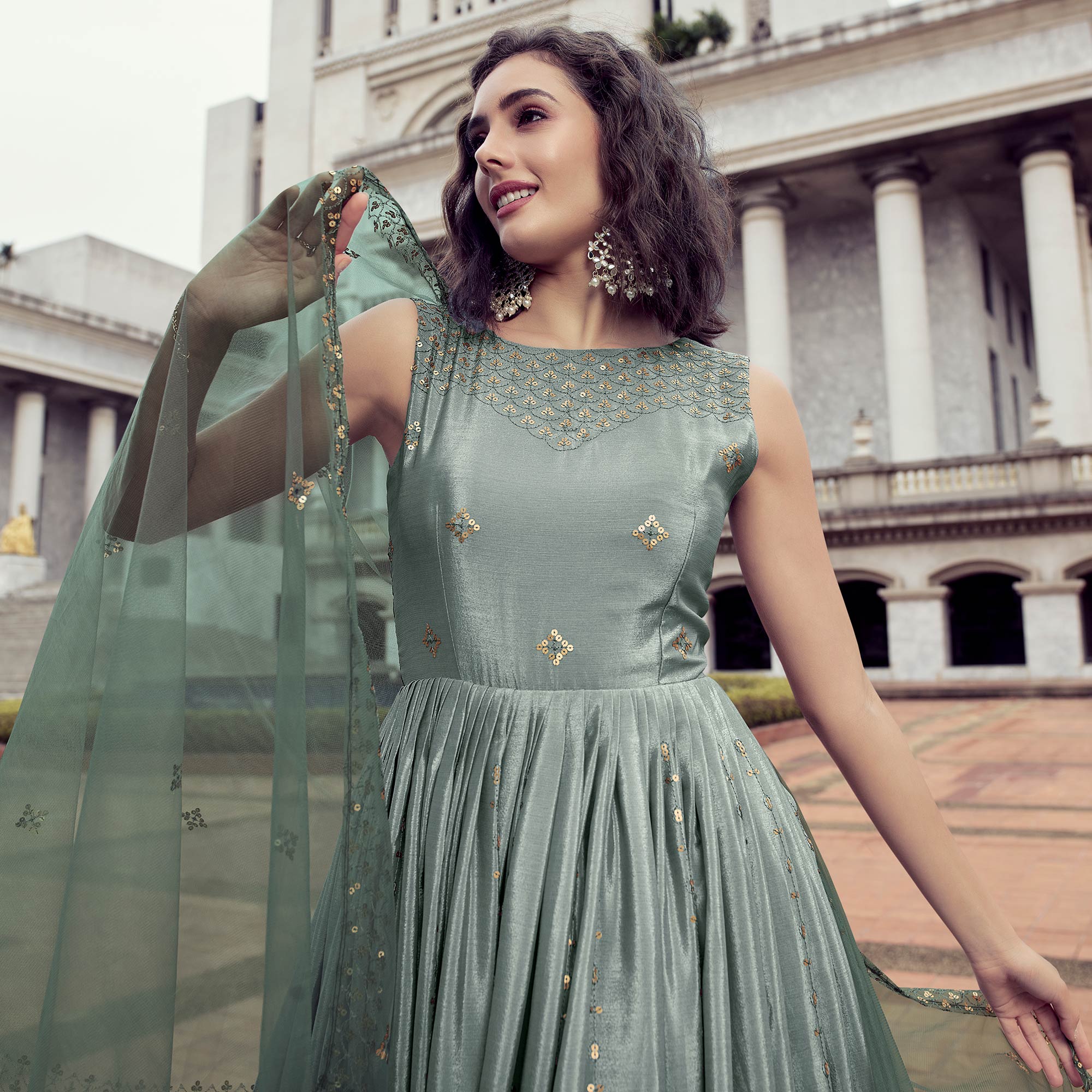 Green Sequins Embroidered Chiffon Gown