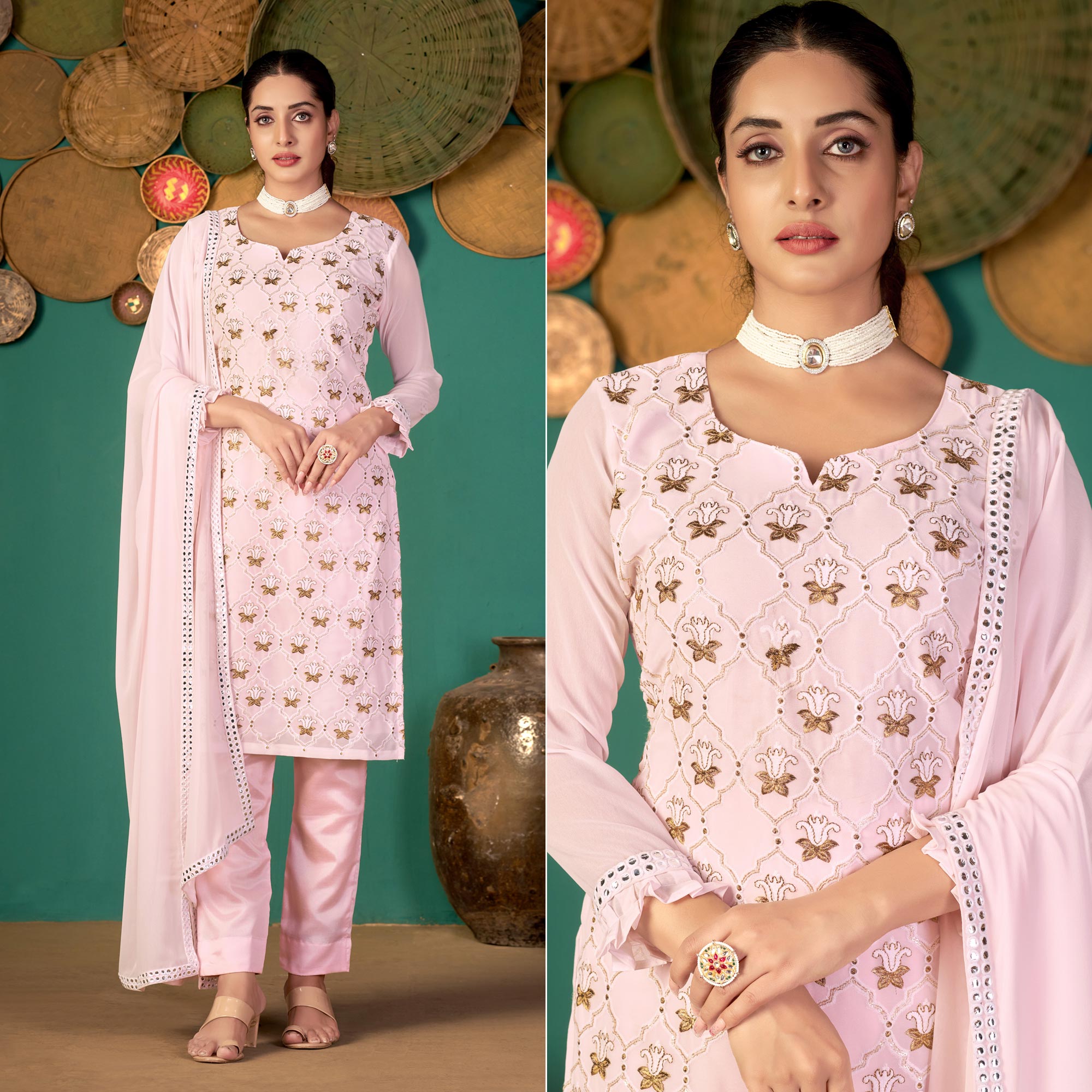 Pink Floral Embroidered Georgette Suit