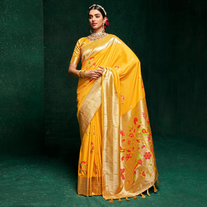 Yellow Woven Pure Silk Paithani Saree With Tassels