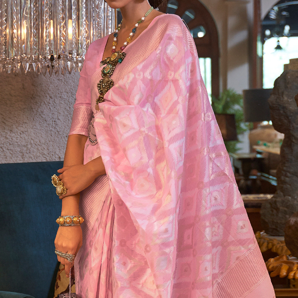 Pink Woven Art Silk Saree