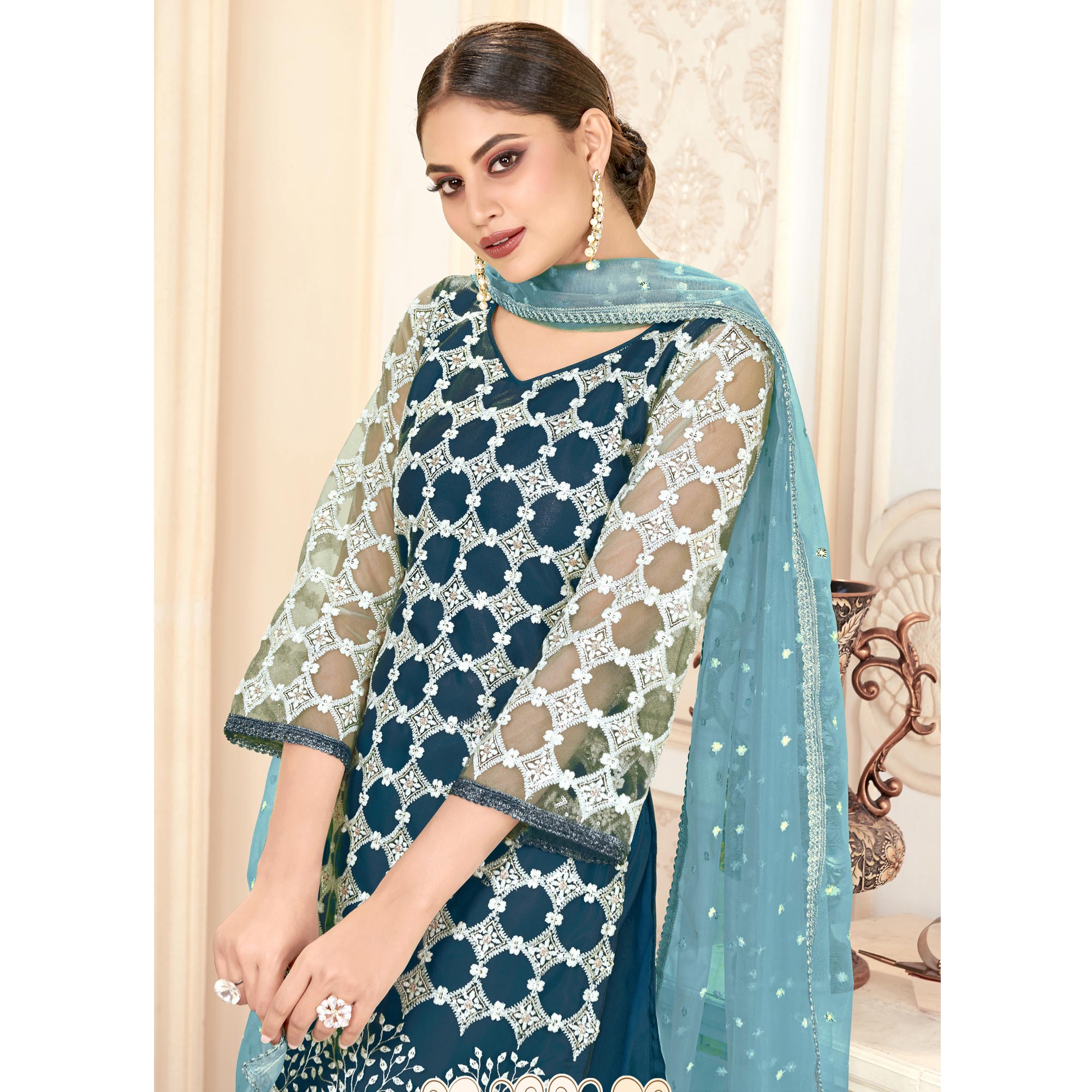 Morpich Sequins Embroidered Net Semi Stitched Suit