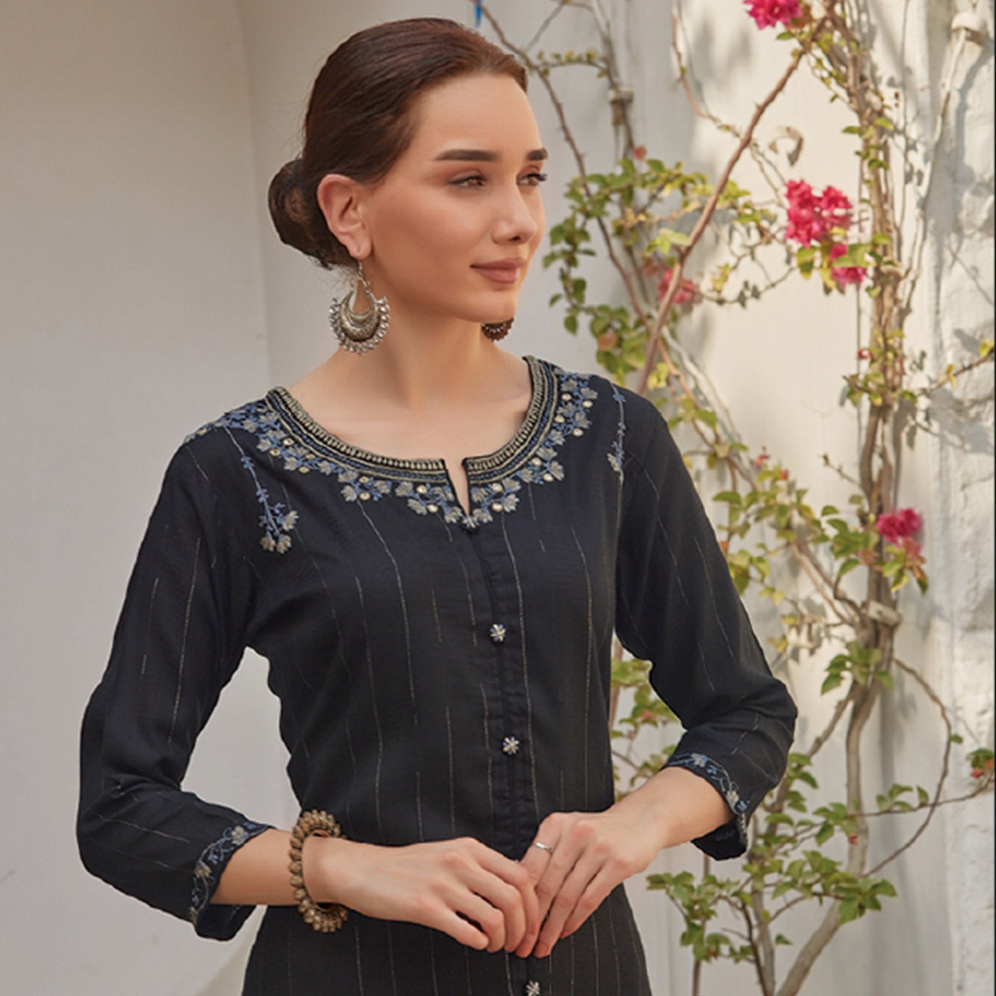 Black Floral Embroidered Cotton Blend Kurti