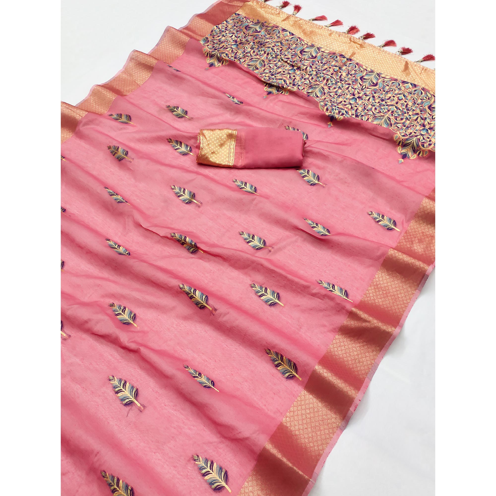 Pink Woven Art Silk Saree With Tassels
