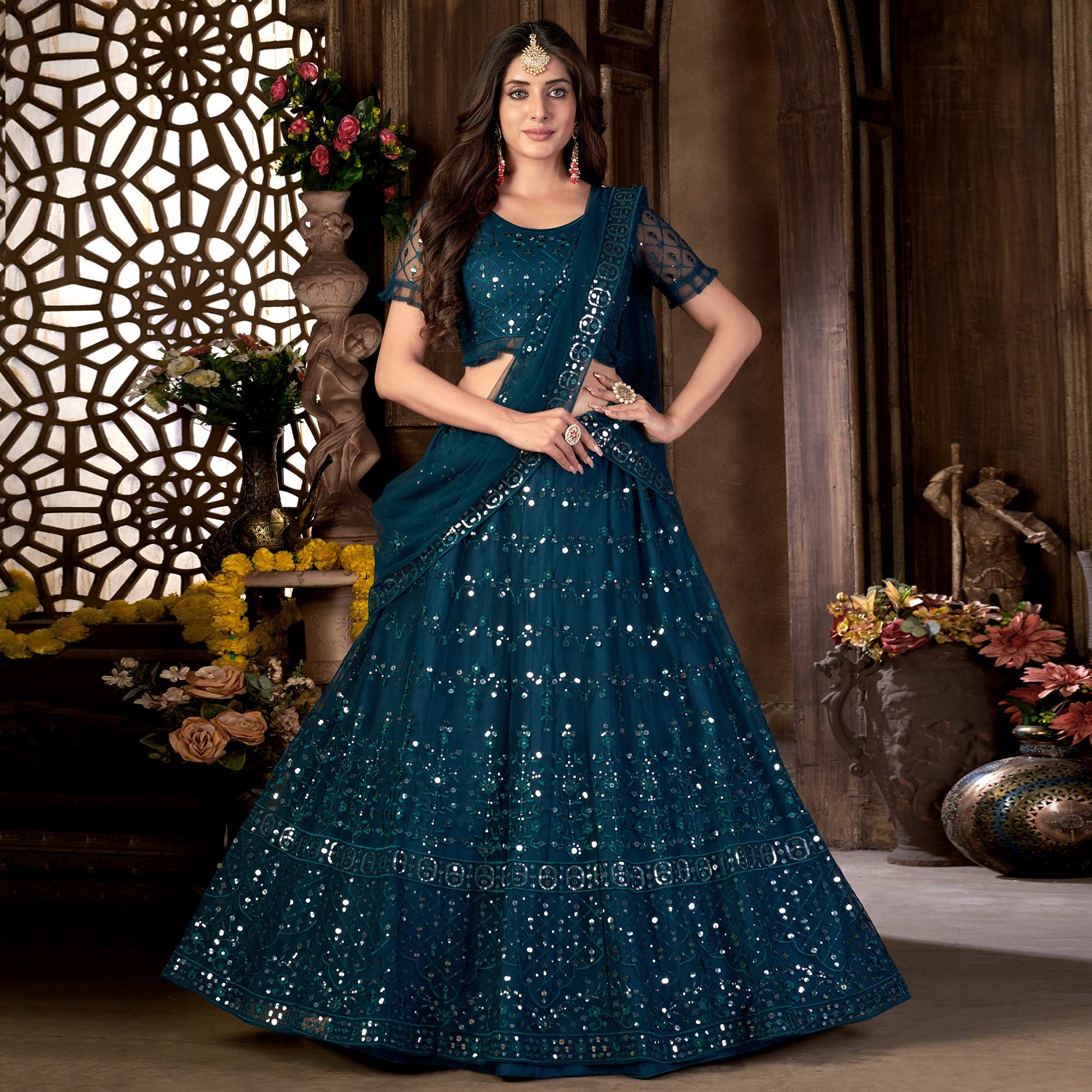 Blue Sequins Embroidered Net Lehenga Choli