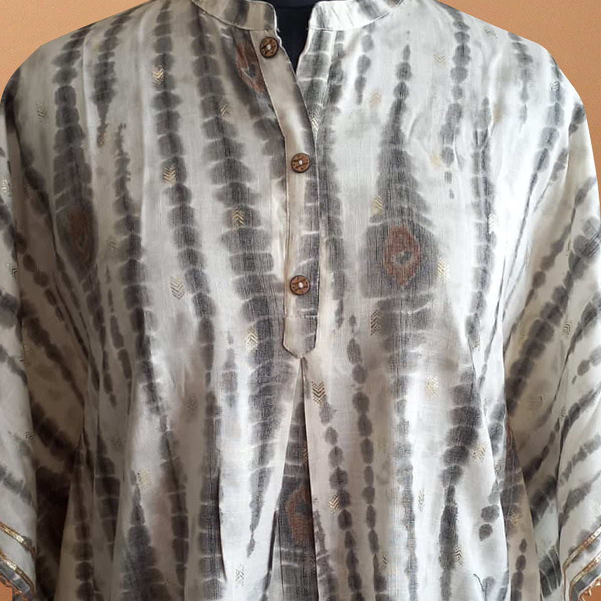 White & Grey Printed With Gota Patti Work Rayon Kaftan Top