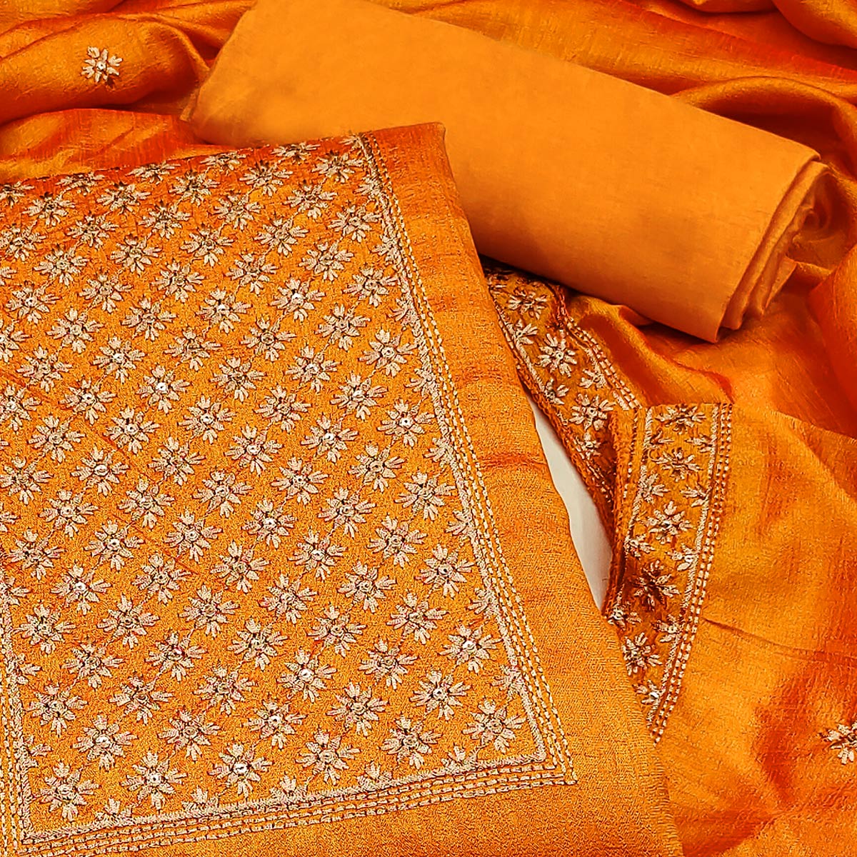 Orange Embroidered Modal Dress Material